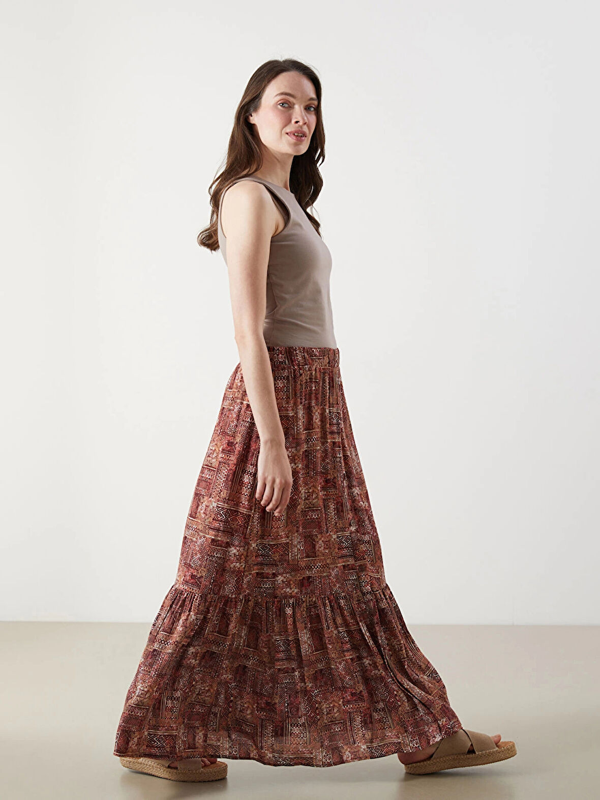 LCW Grace Kirmizi Beli Lastikli Çiçekli A Kesim Etek