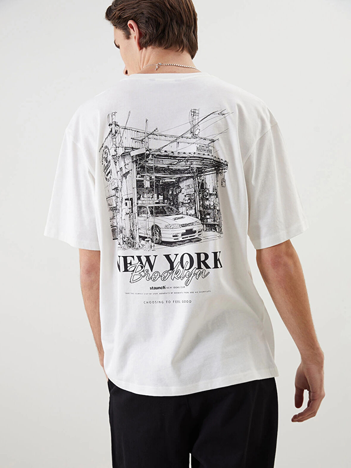 XSIDE Ekru Bisiklet Yaka New York Baskılı Penye Erkek Tişört