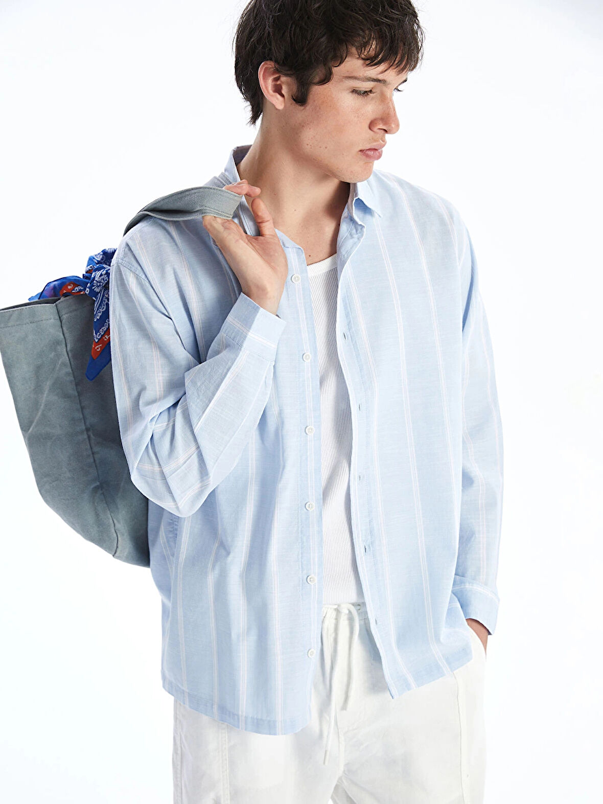 XSIDE Beyaz Rahat Kalıp Uzun Kollu Çizgili Poplin Erkek Gömlek