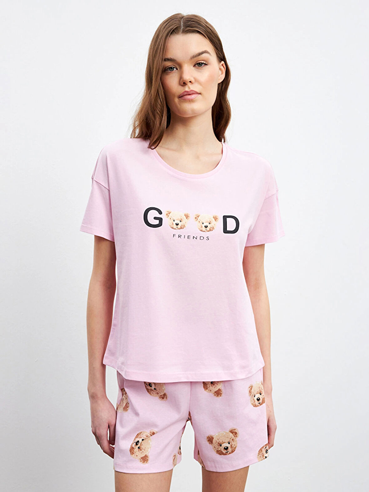 LCW Young Pembe Ayı Teddy Baskılı Kadın Şortlu Pijama Takımı