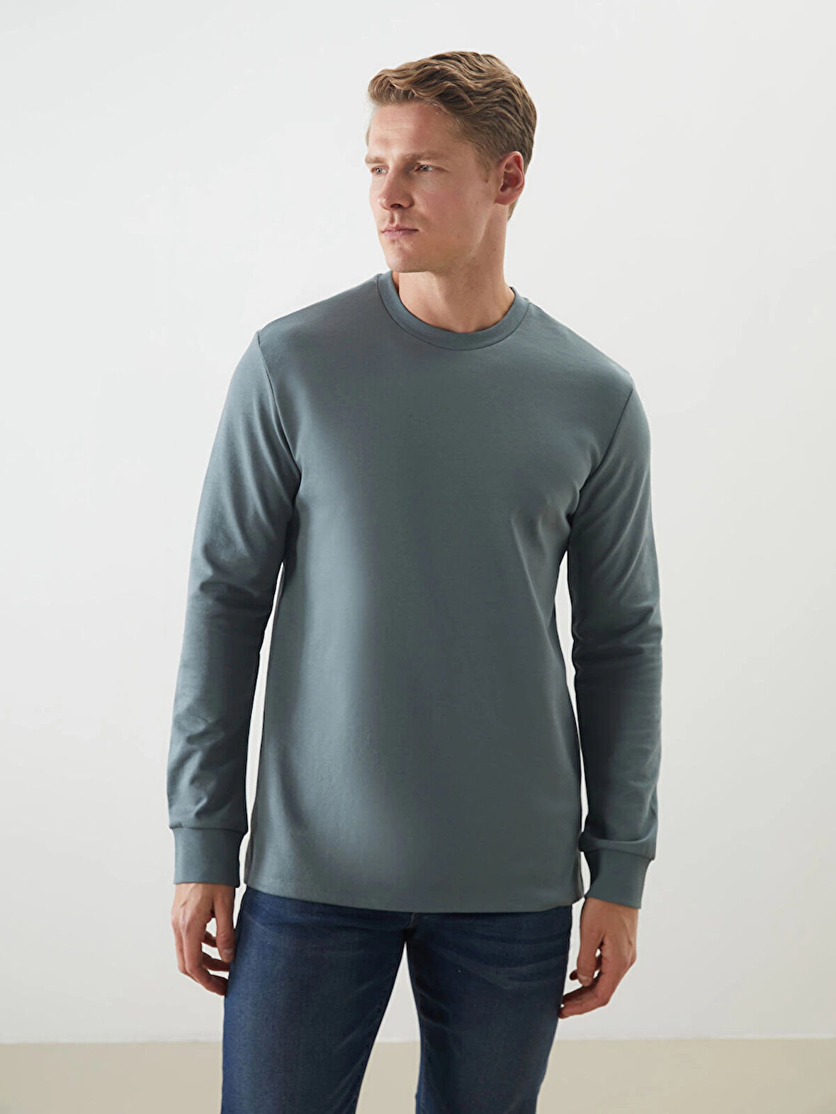 LCWAIKIKI Classic Yeşil Bisiklet Yaka Uzun Kollu Erkek Sweatshirt