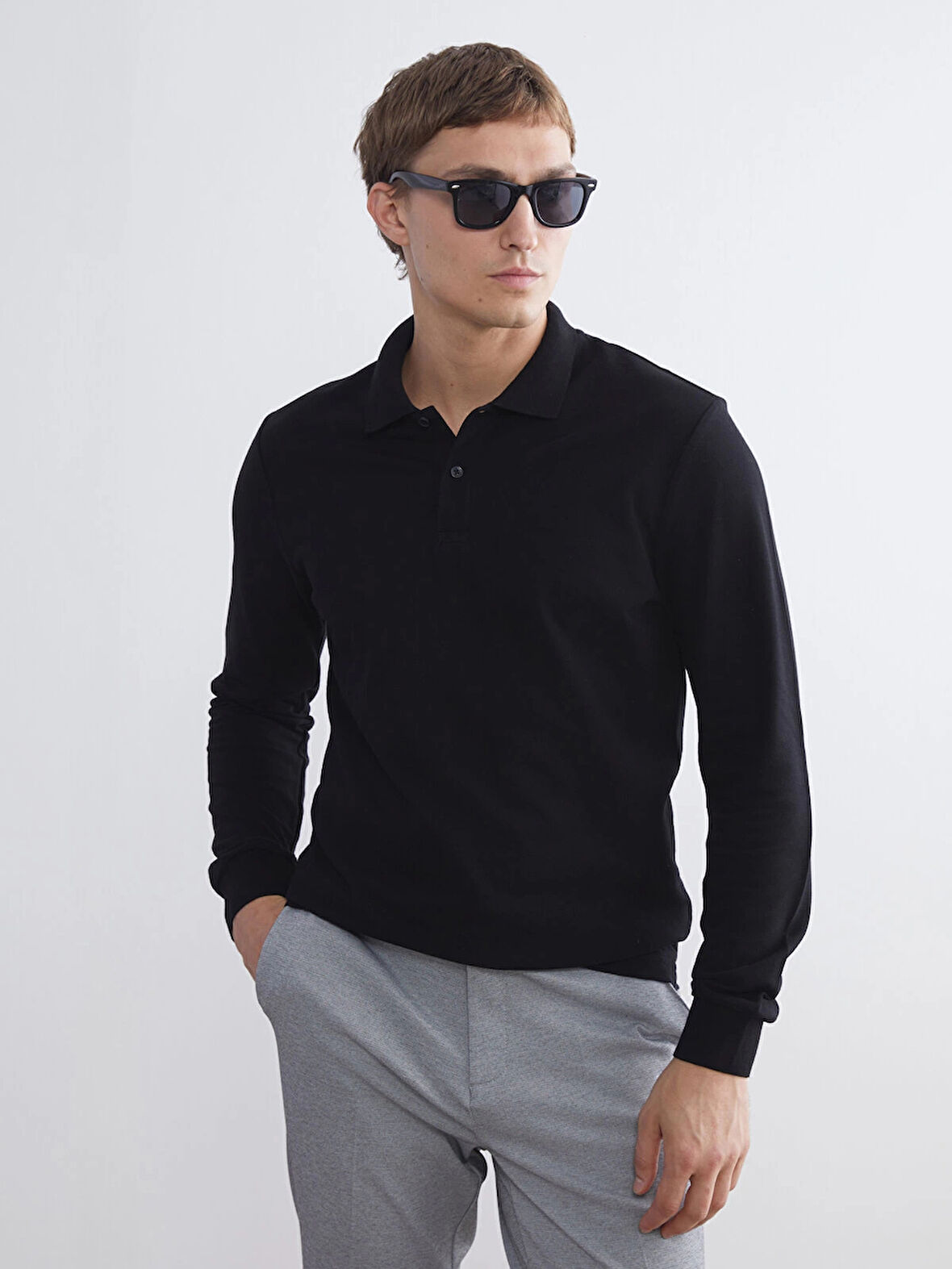 LCWAIKIKI Basic Siyah Polo Yaka Uzun Kollu Pike Erkek Tişört