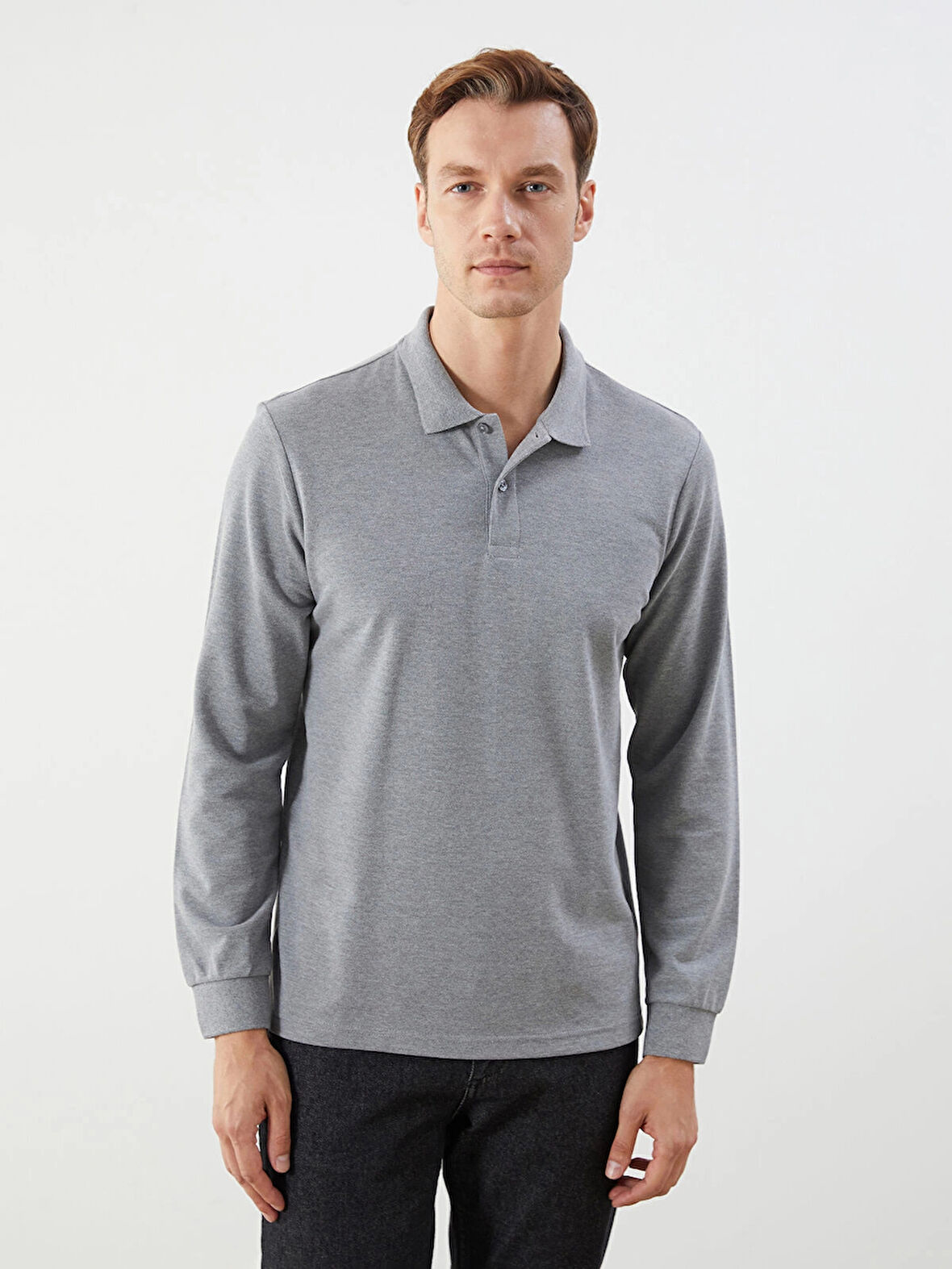 LCWAIKIKI Classic Gri Polo Yaka Uzun Kollu Pike Erkek Tişört