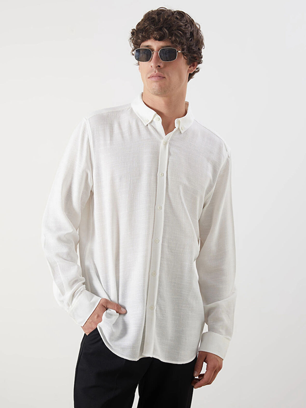 LCW Vision Ekru Slim Fit Uzun Kollu Armürlü Erkek Gömlek