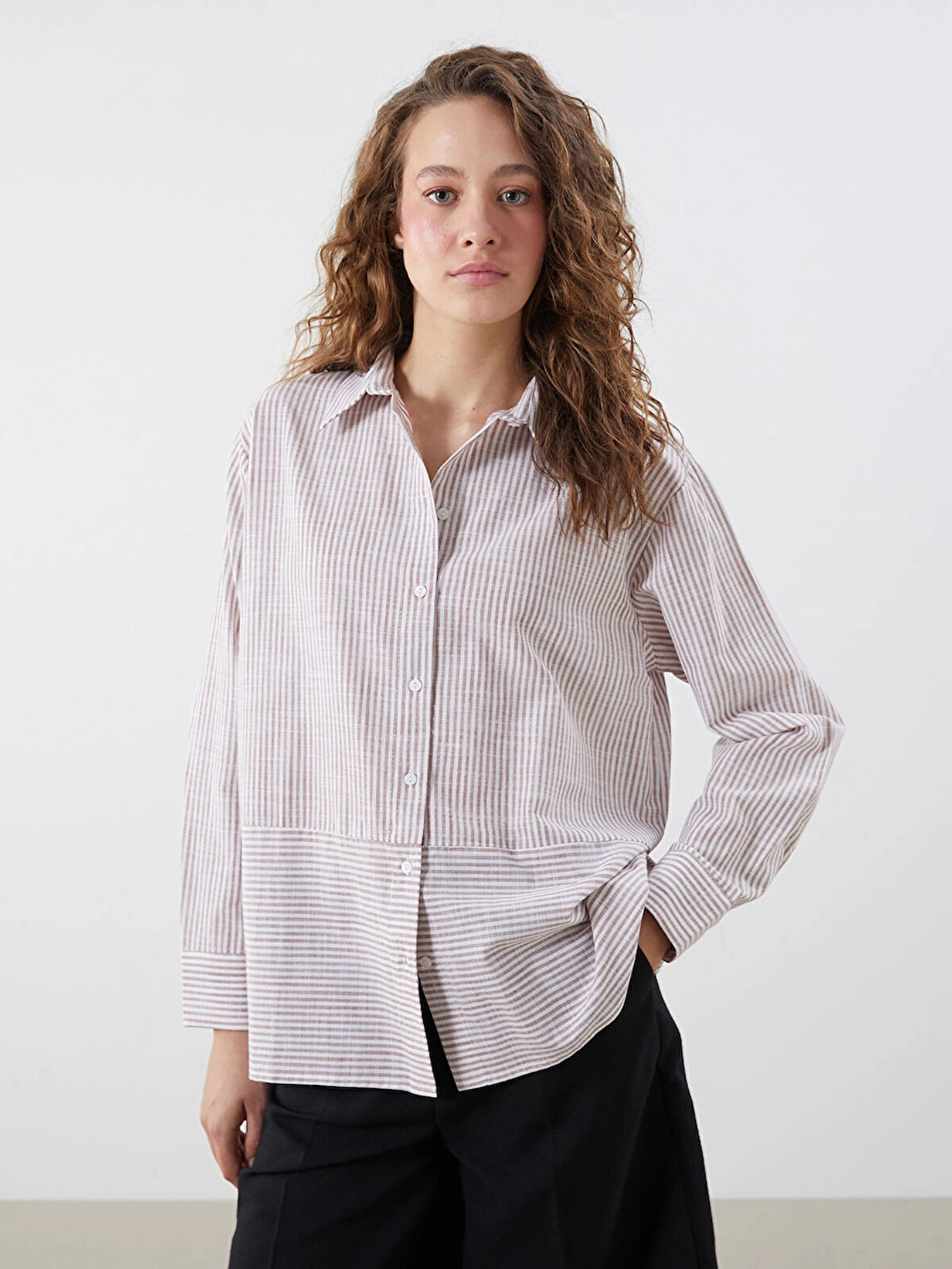 LCWAIKIKI Classic Turuncu Çizgili Poplin Kadın Gömlek