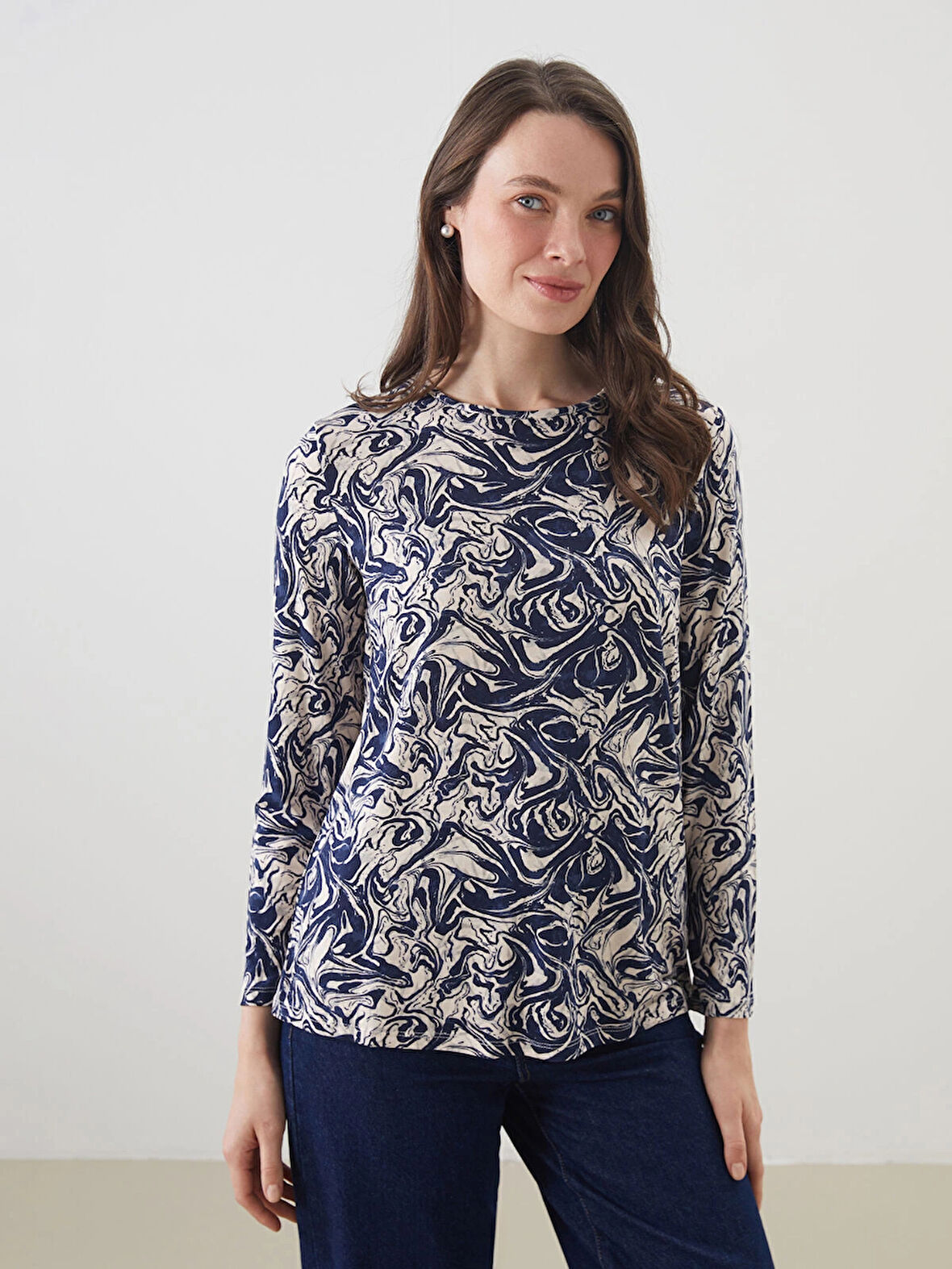 LCW Grace Lacivert Bisiklet Yaka Desenli Kadın Tişört