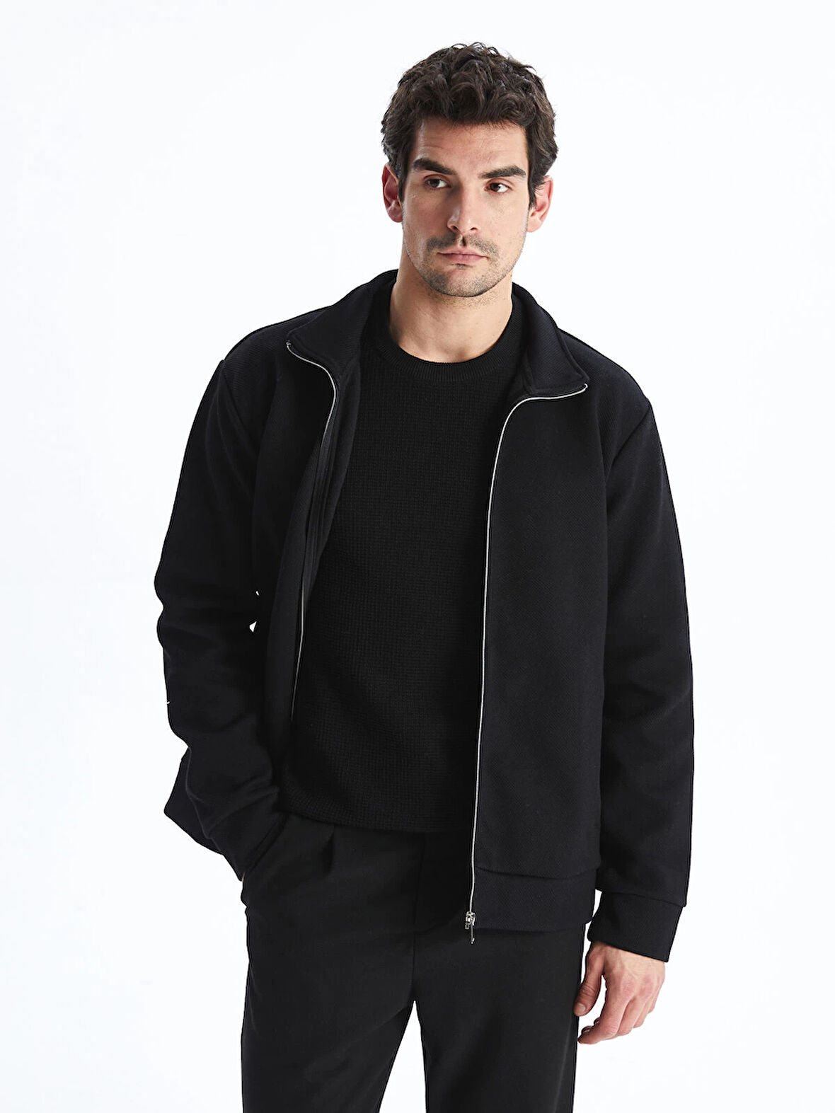 LCW Vision Siyah Dik Yaka Uzun Kollu Erkek Fermuarlı Sweatshirt