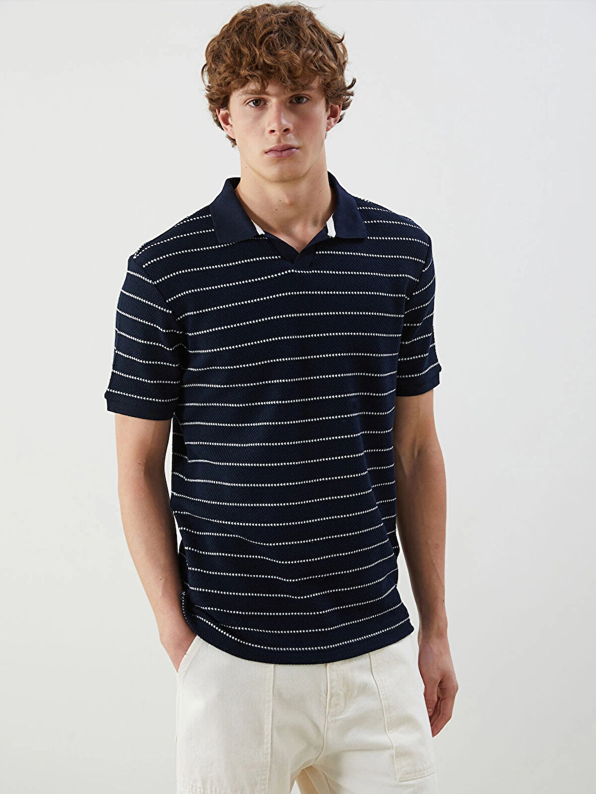 XSIDE Lacivert Polo Yaka Çizgili Erkek Dokulu Tişört