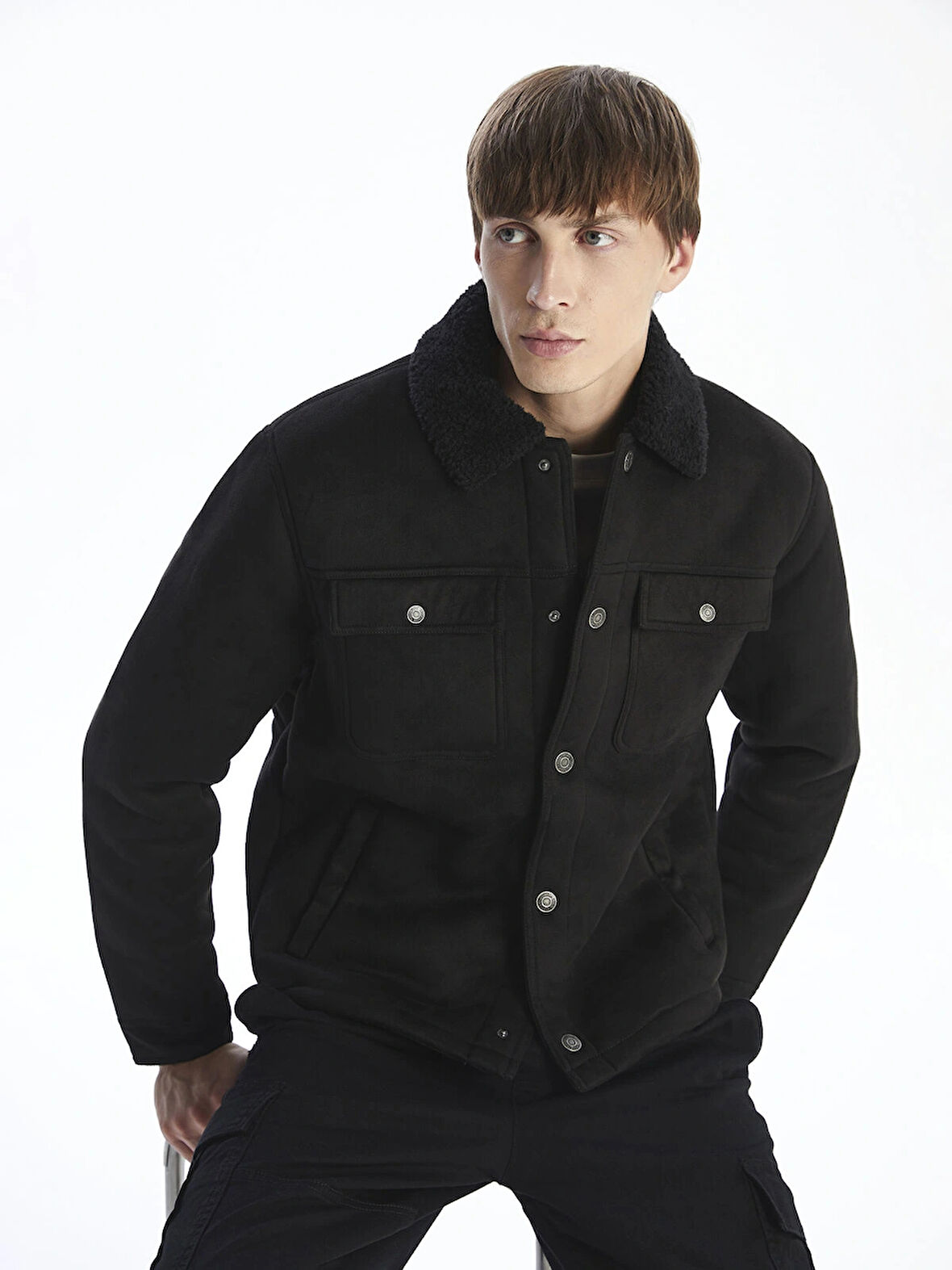 XSIDE Siyah Standart Kalıp Gömlek Yaka Süet Erkek Mont