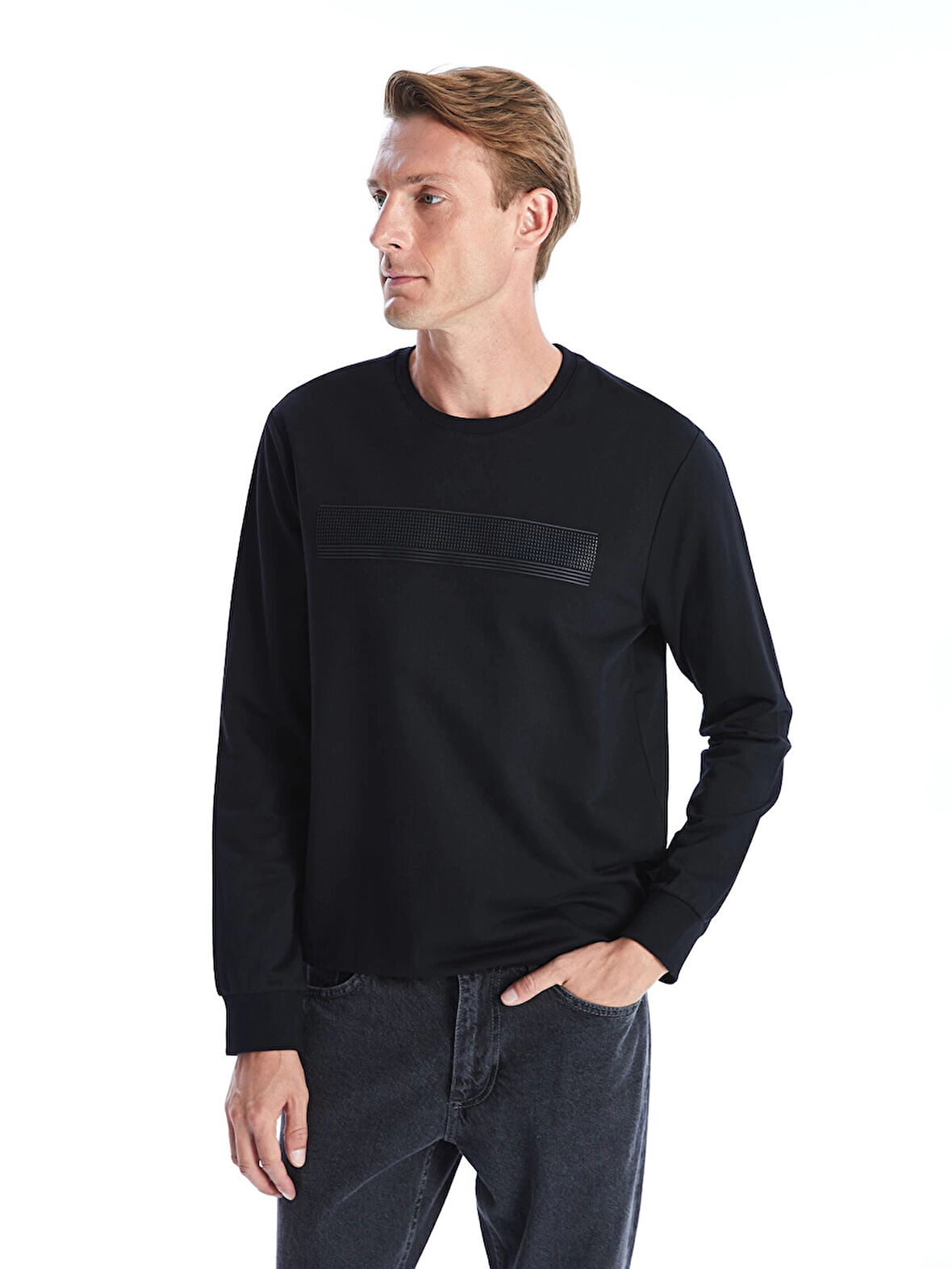 LCWAIKIKI Classic Siyah Bisiklet Yaka Uzun Kollu Baskılı Erkek Sweatshirt