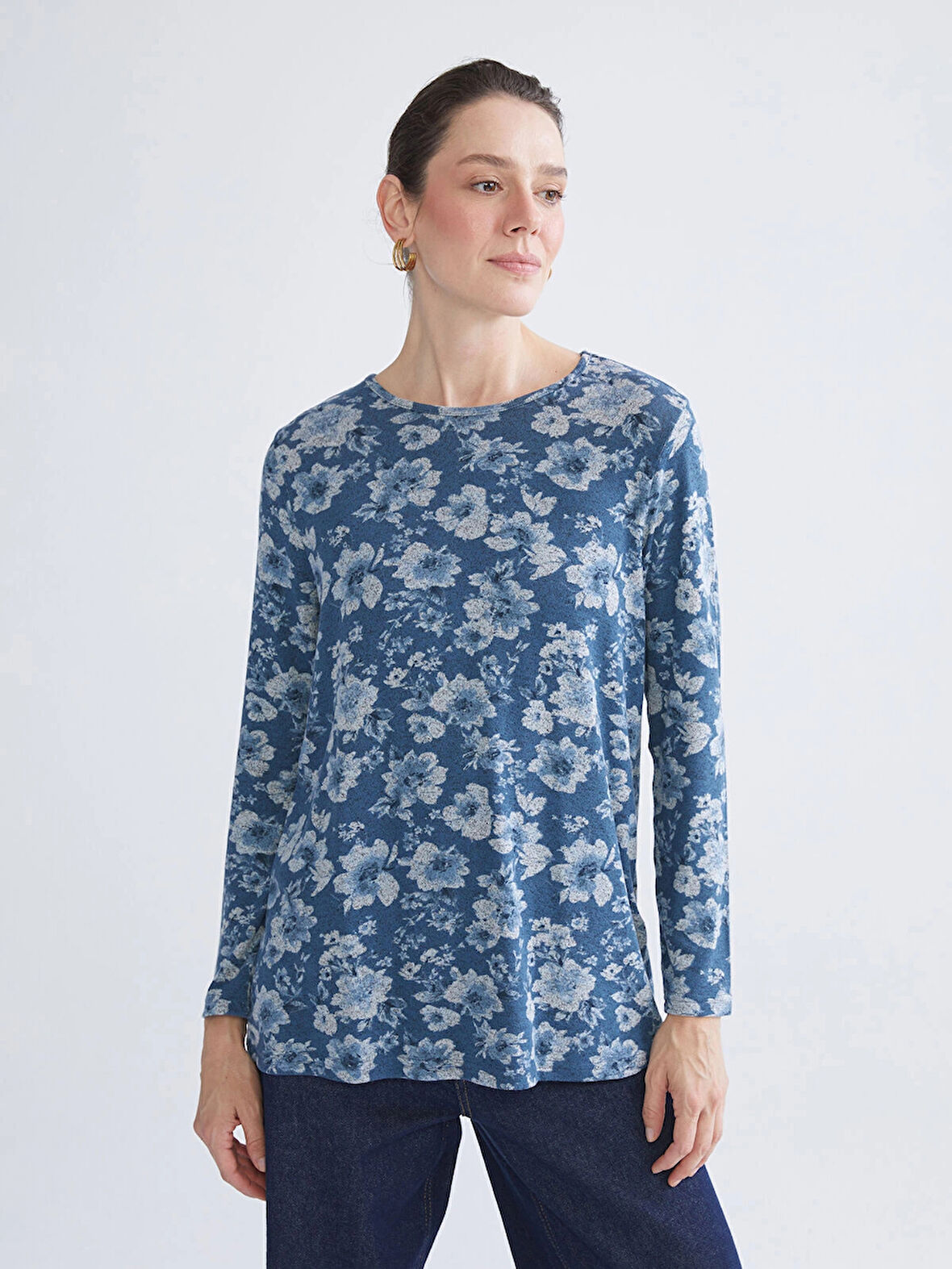 LCW Grace Indigo Bisiklet Yaka Çiçekli Bluz