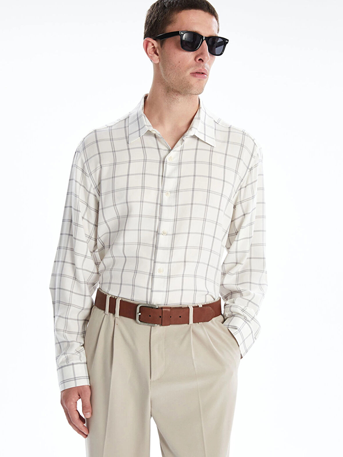 LCW Vision Ekru Rahat Kalıp Uzun Kollu Ekose Erkek Gömlek