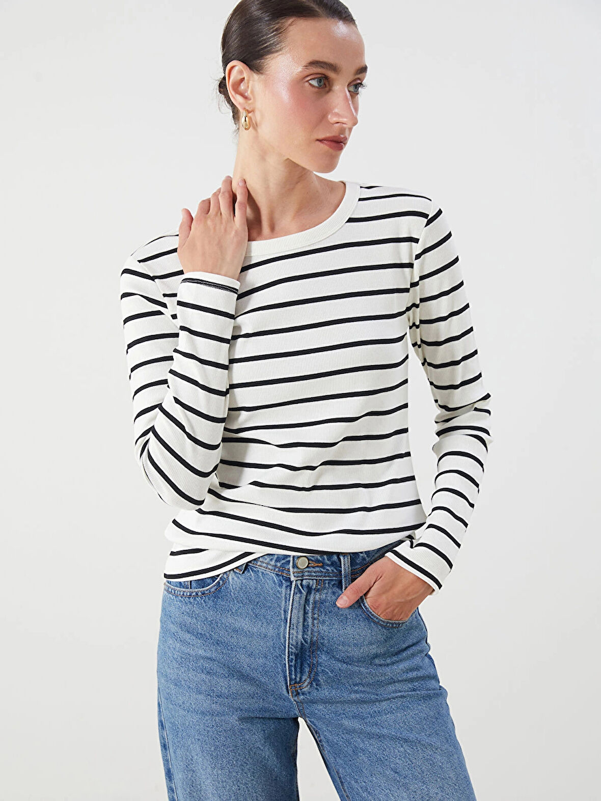 LCWAIKIKI Classic Ekru Bisiklet Yaka Çizgili Kadın Body