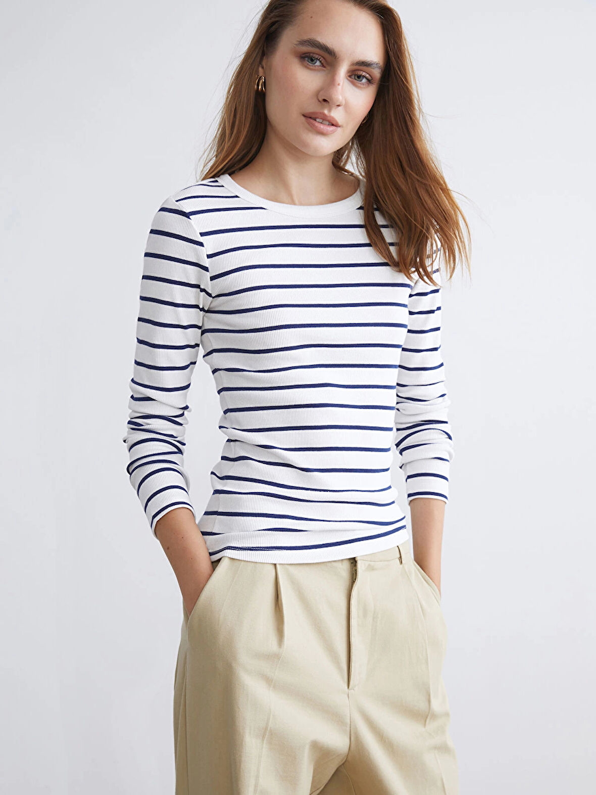 LCWAIKIKI Classic Lacivert Bisiklet Yaka Çizgili Kadın Body