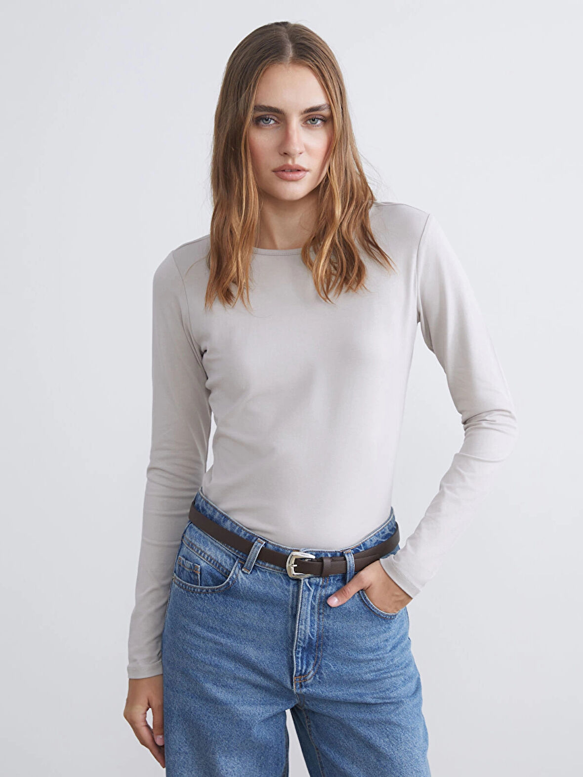 LCWAIKIKI Classic Gri Bisiklet Yaka Kadın Body