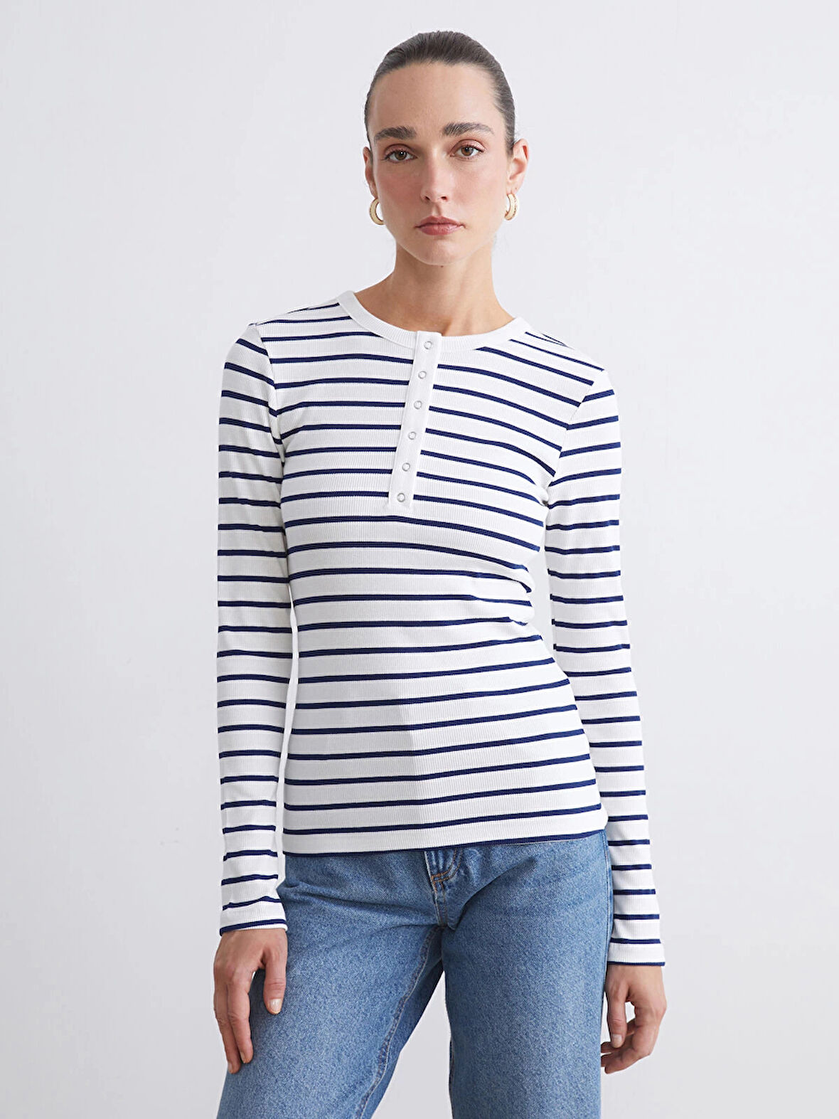 LCWAIKIKI Classic Lacivert Bisiklet Yaka Çizgili Kadın Body