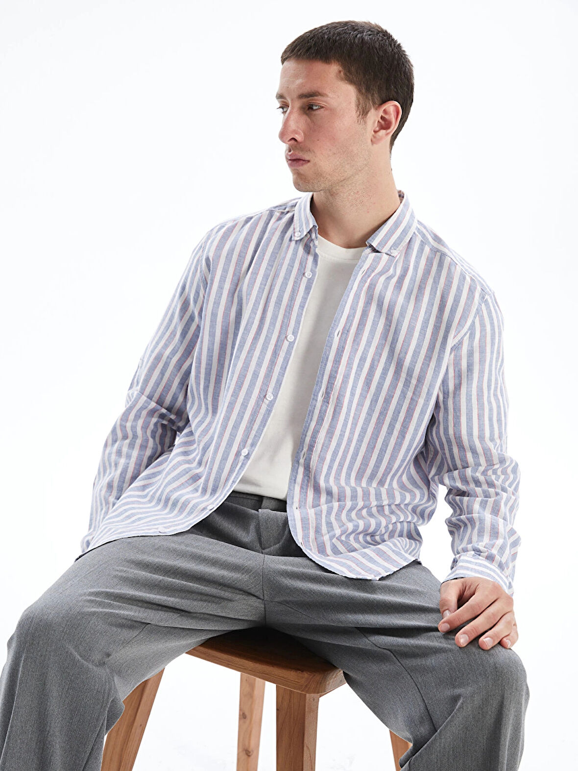 LCW Vision Mavi Slim Fit Uzun Kollu Çizgili Gömlek