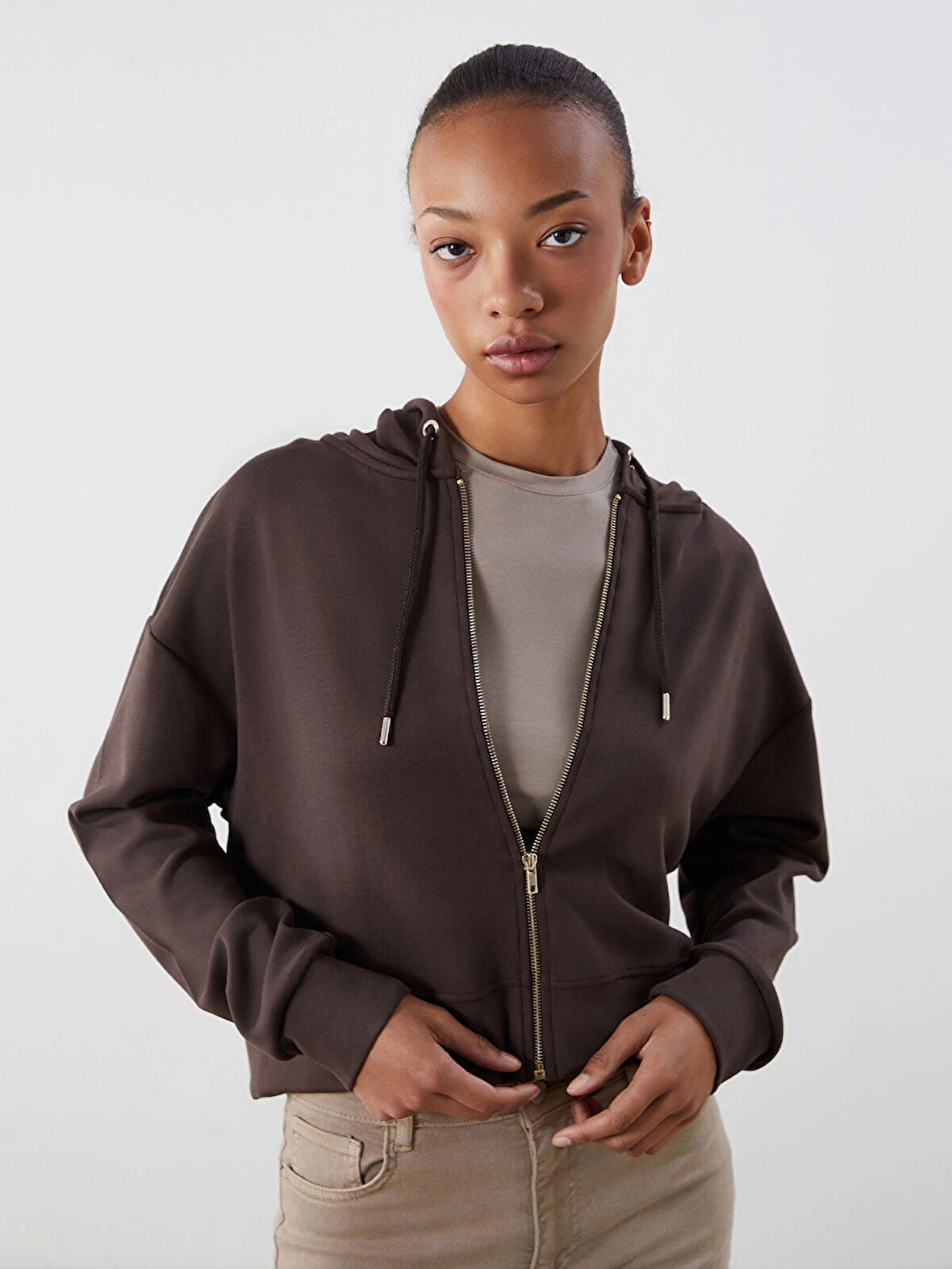 LCW Vision Kahverengi Kapüşonlu Kadın Fermuarlı Sweatshirt