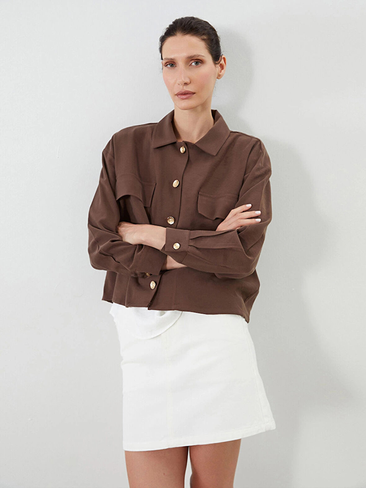LCWAIKIKI Classic Kahverengi Gömlek Yaka Oversize Kadın Ceket