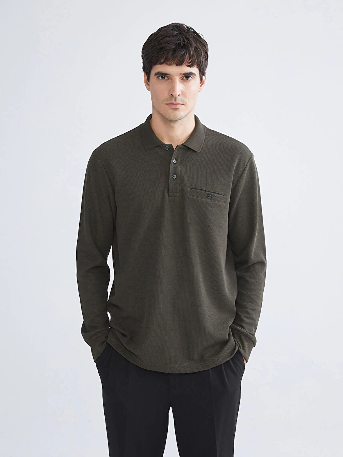 LCWAIKIKI Classic Haki Polo Yaka Uzun Kollu Erkek Sweatshirt