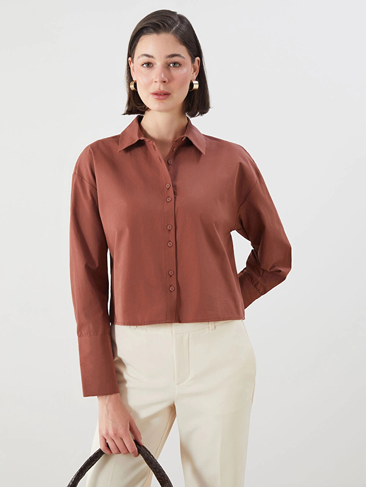 LCWAIKIKI Classic Kahverengi Crop Kadın Gömlek