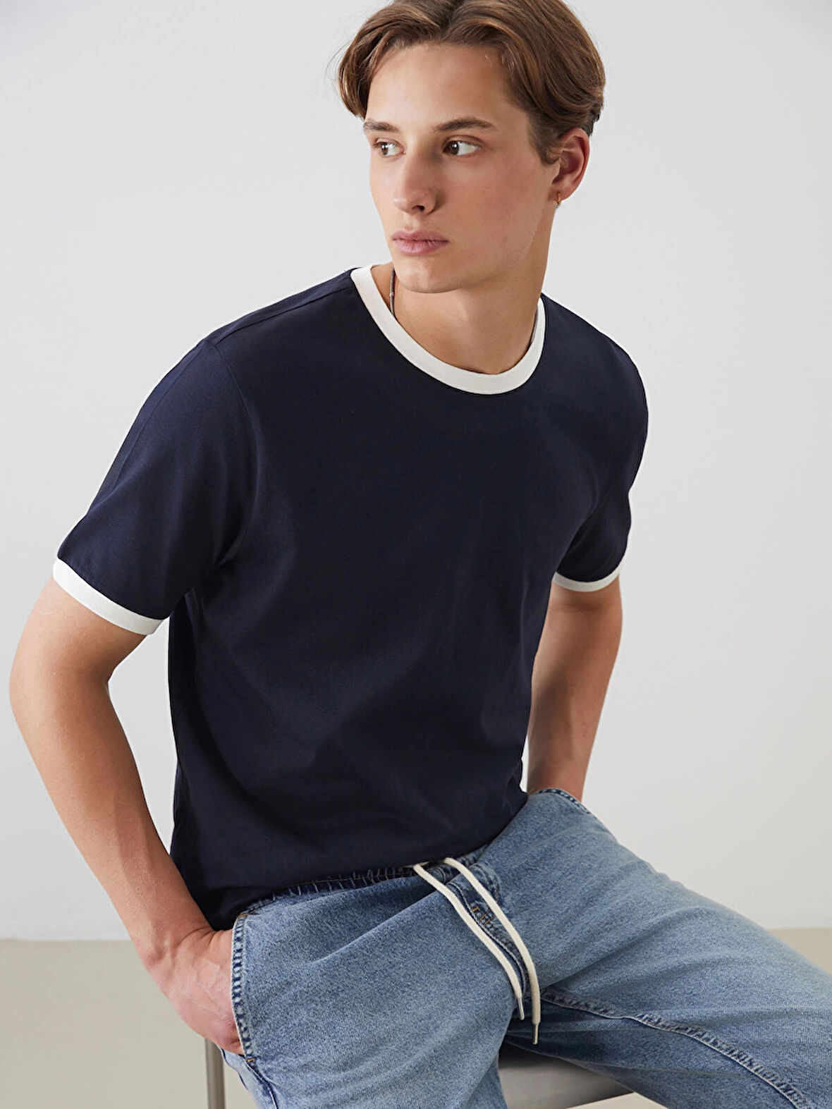 XSIDE Lacivert Bisiklet Yaka Penye Erkek Tişört