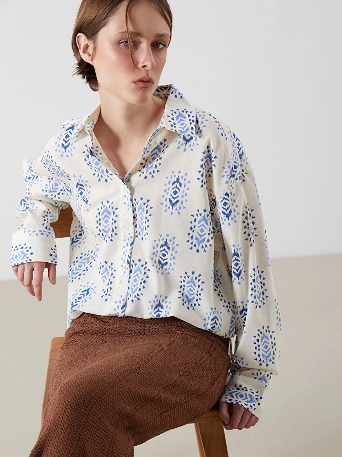 LCW Vision Mavi Desenli Oversize Kadın Gömlek