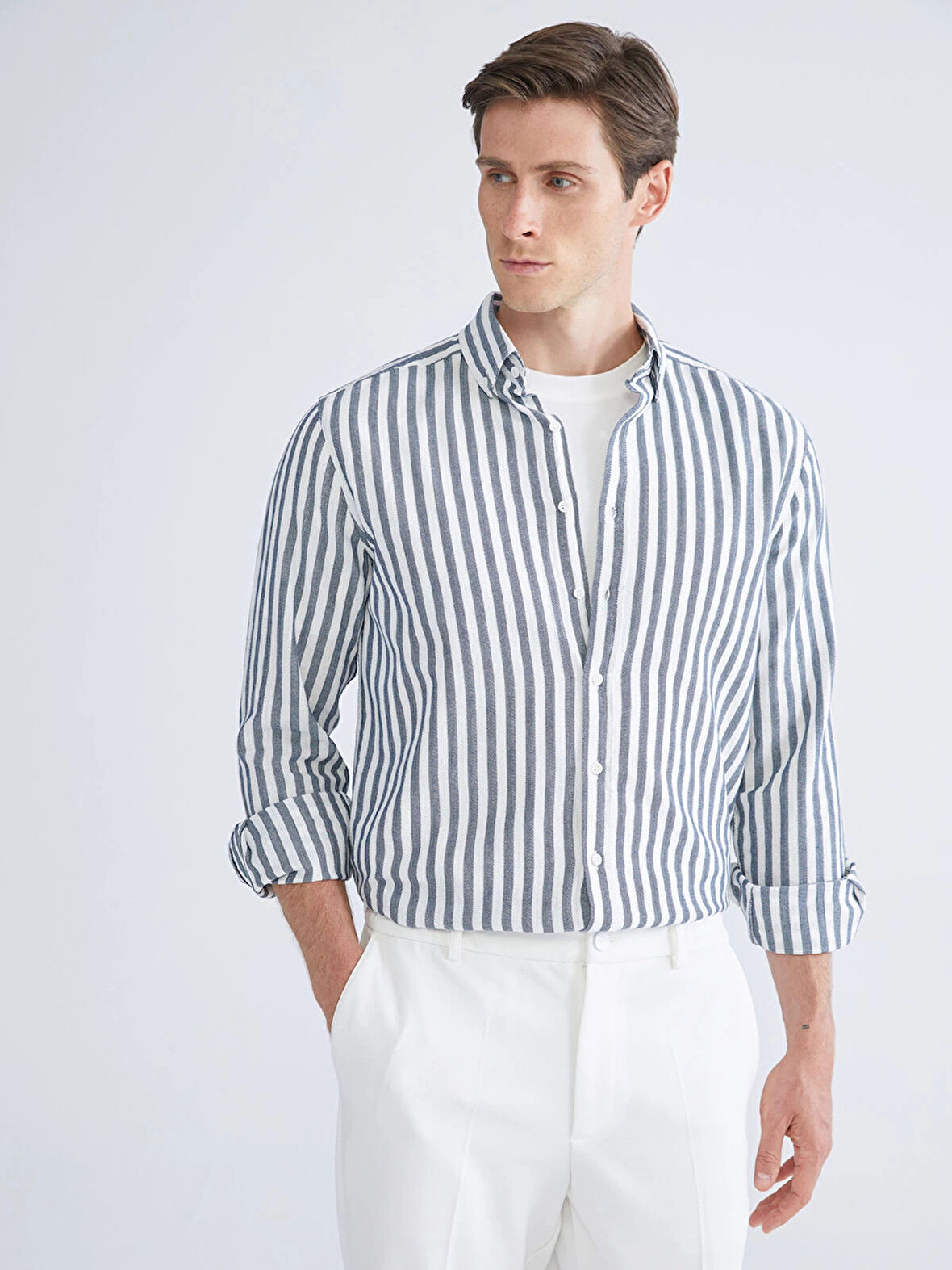 LC WAIKIKI Indigo Regular Fit Uzun Kollu Çizgili Erkek Gömlek