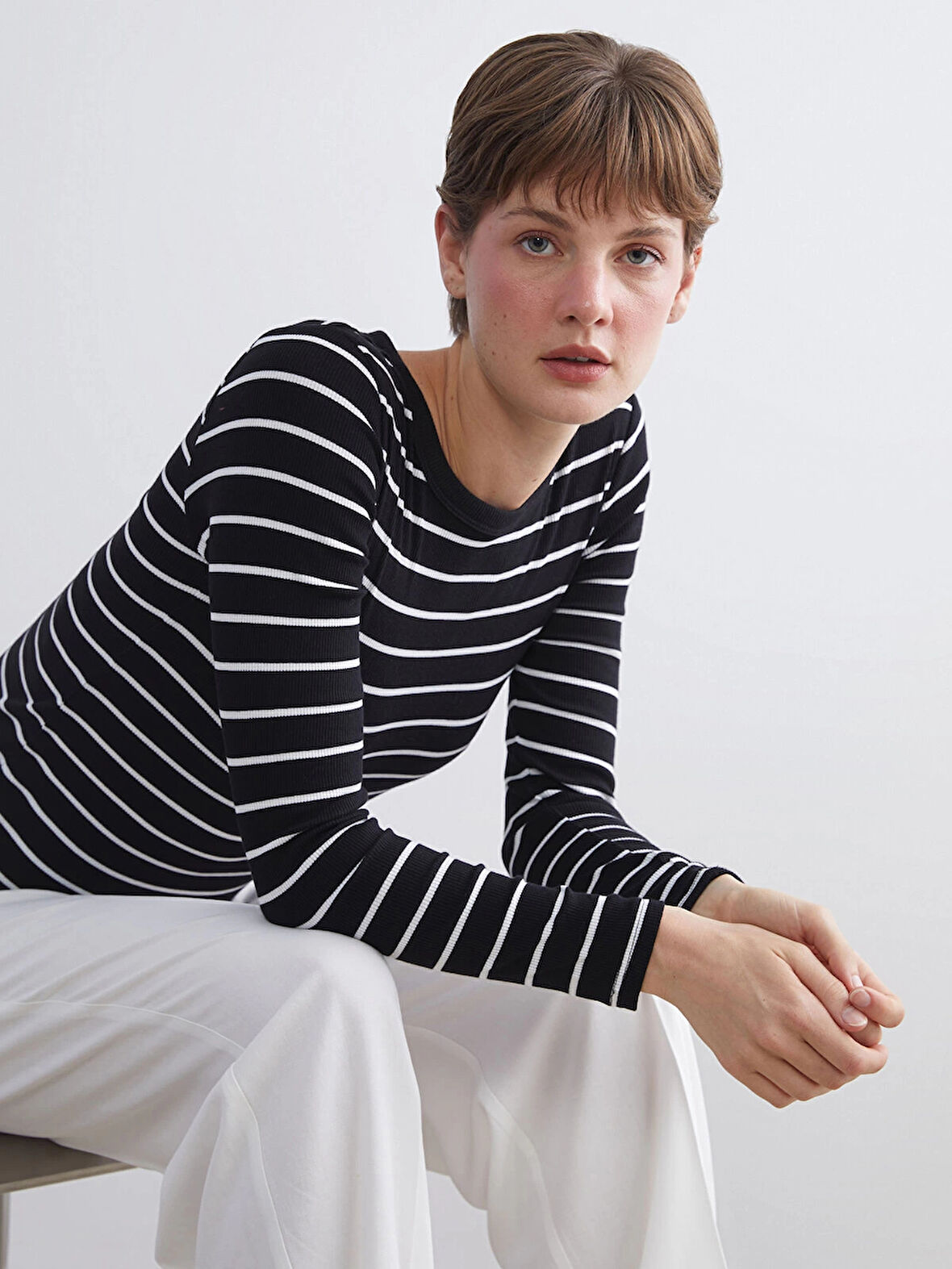 LCWAIKIKI Classic Siyah Bisiklet Yaka Çizgili Kadın Body