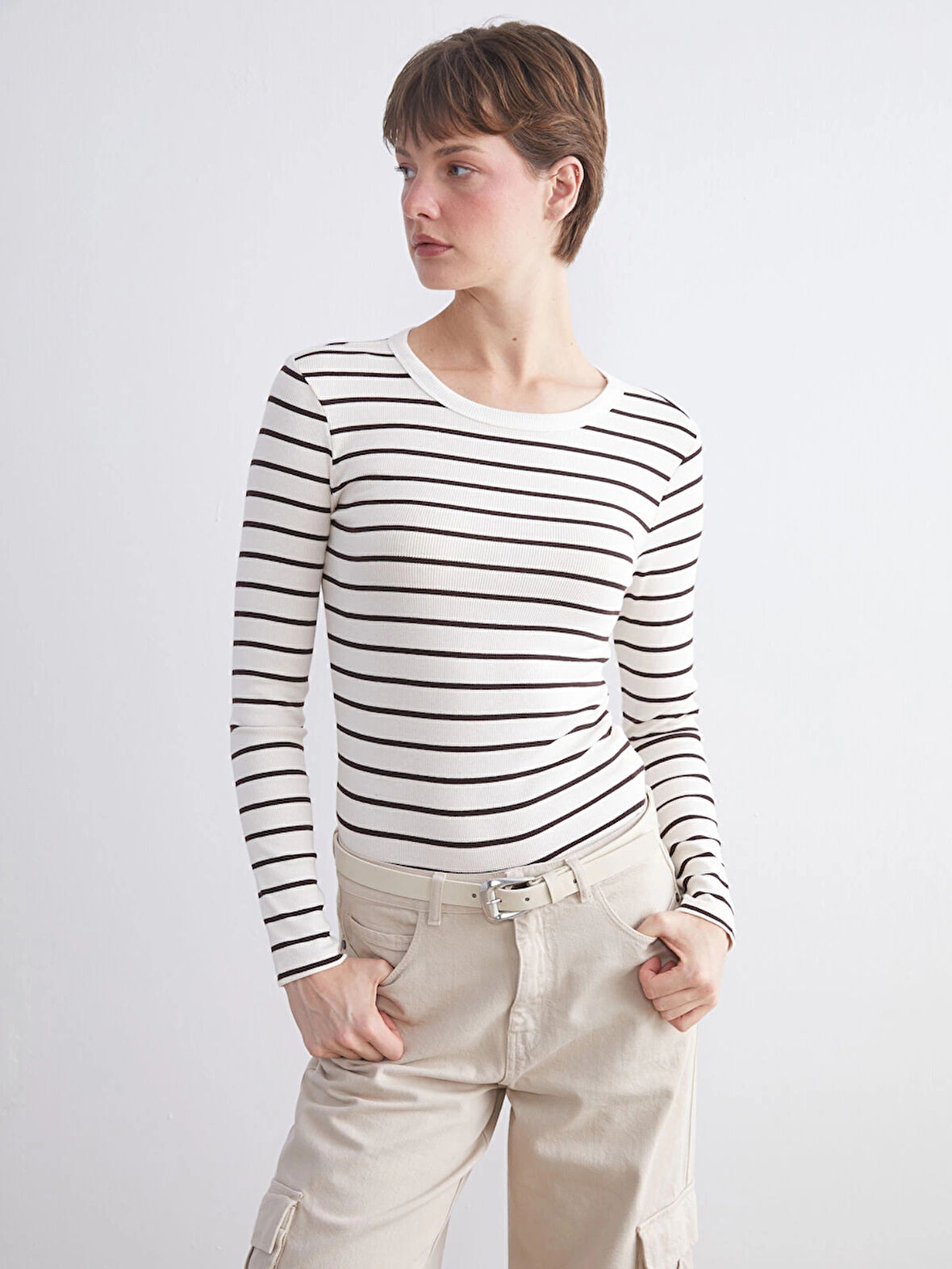 LCWAIKIKI Classic Kahverengi Bisiklet Yaka Çizgili Kadın Body