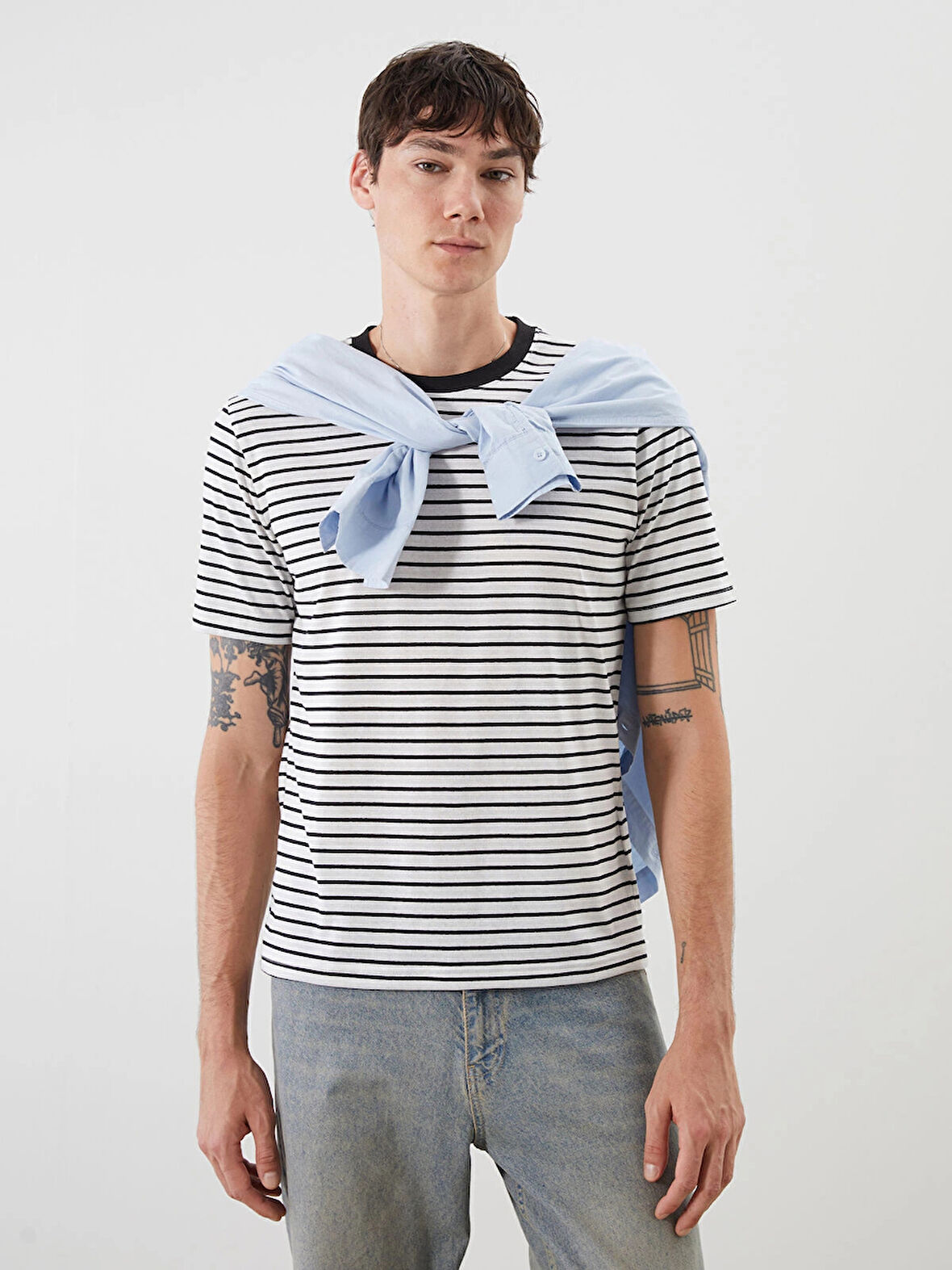 XSIDE Siyah Bisiklet Yaka Çizgili Penye Erkek Tişört