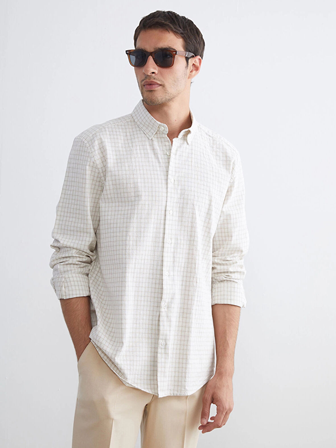 SOUTHBLUE Gri Regular Fit Uzun Kollu Ekose Keten Karışımlı Erkek Gömlek