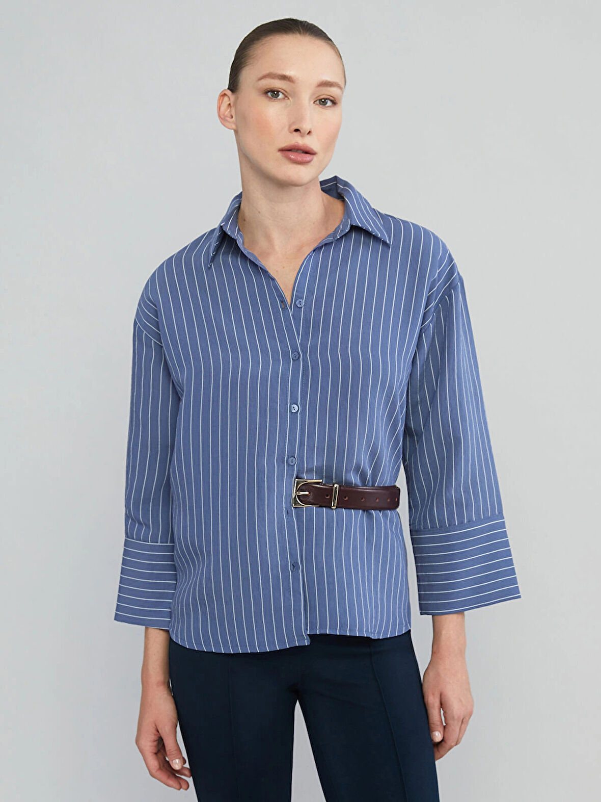 LCWAIKIKI Classic İndigo Çizgili Oversize Kadın Gömlek