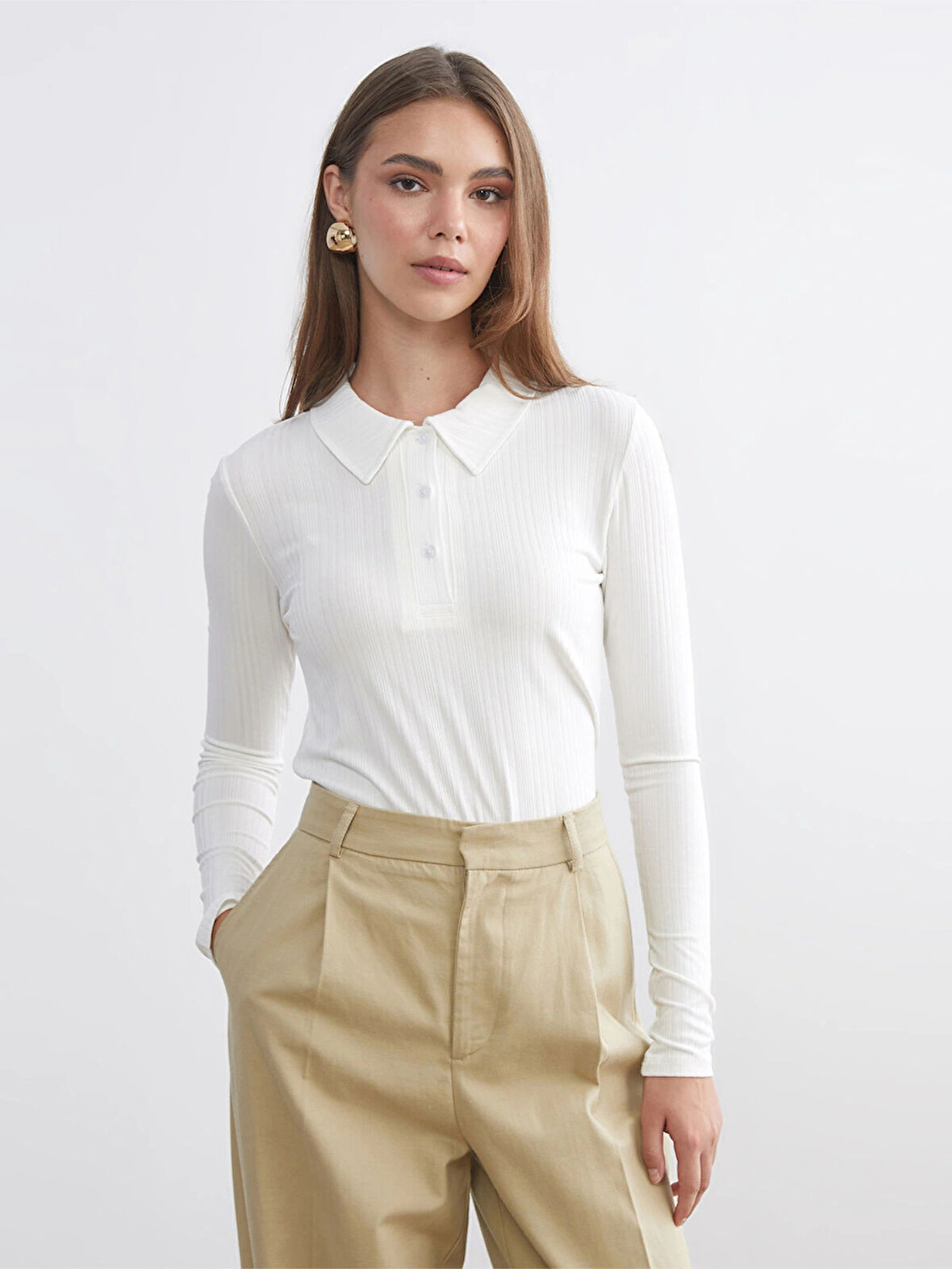 LCW Modest Ekru Polo Yaka Fitilli Kadın Tişört