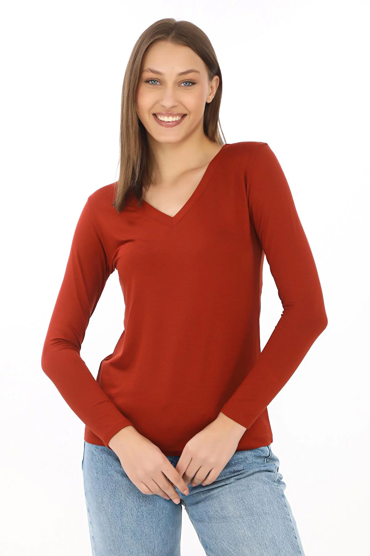 Yumuşak, Rahat ve Şık Viskon V Yaka Tişört-Koyu Taba