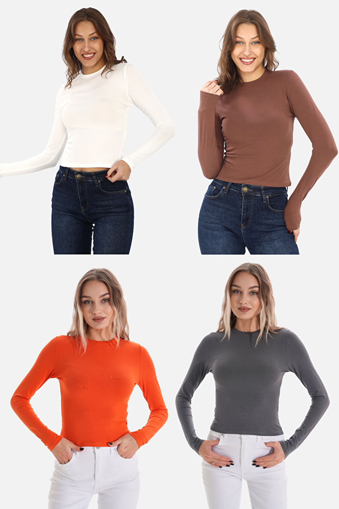 Likralı Pamuk Tişört-Slim Fit 4'lü Satış-Krem-Açık Kahve-Turuncu-Füme