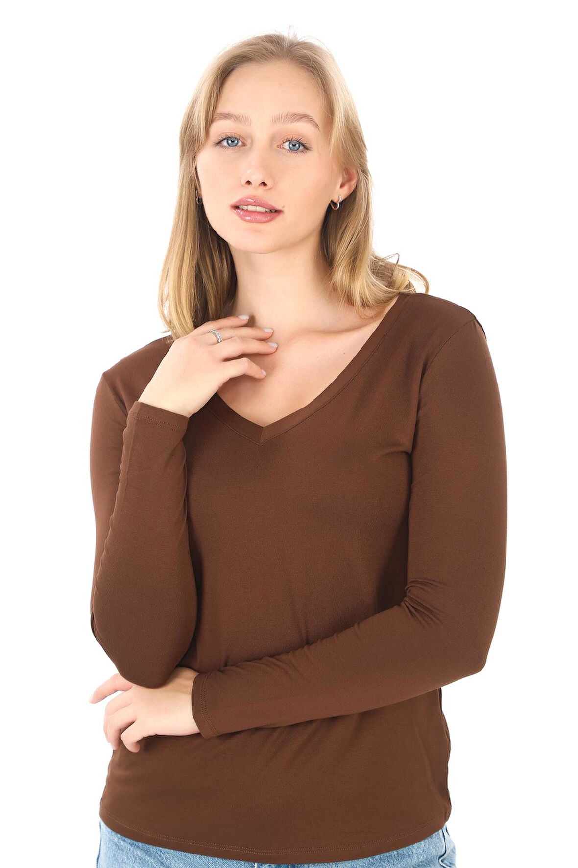 Yumuşak, Rahat ve Şık Viskon V Yaka Tişört-Kahverengi