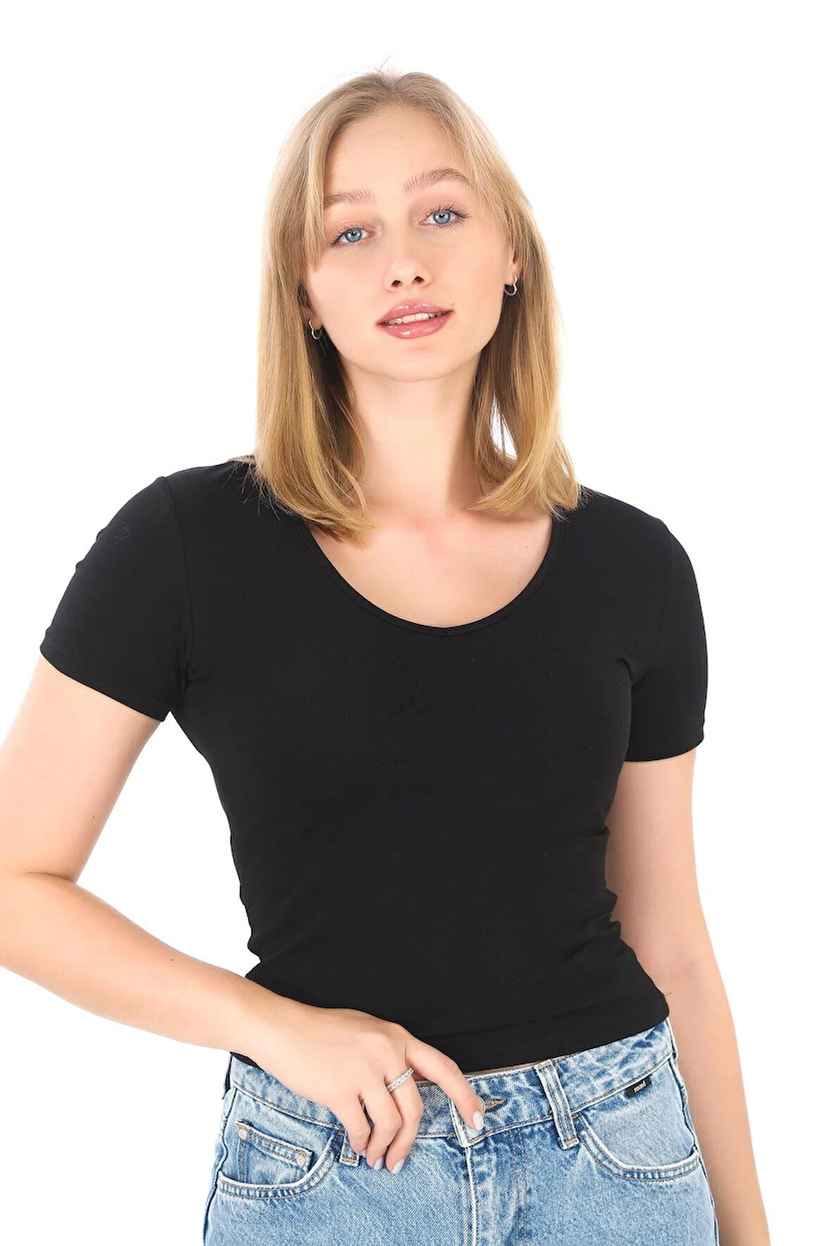 V Yaka Slim Fit Crop Tişört-Siyah