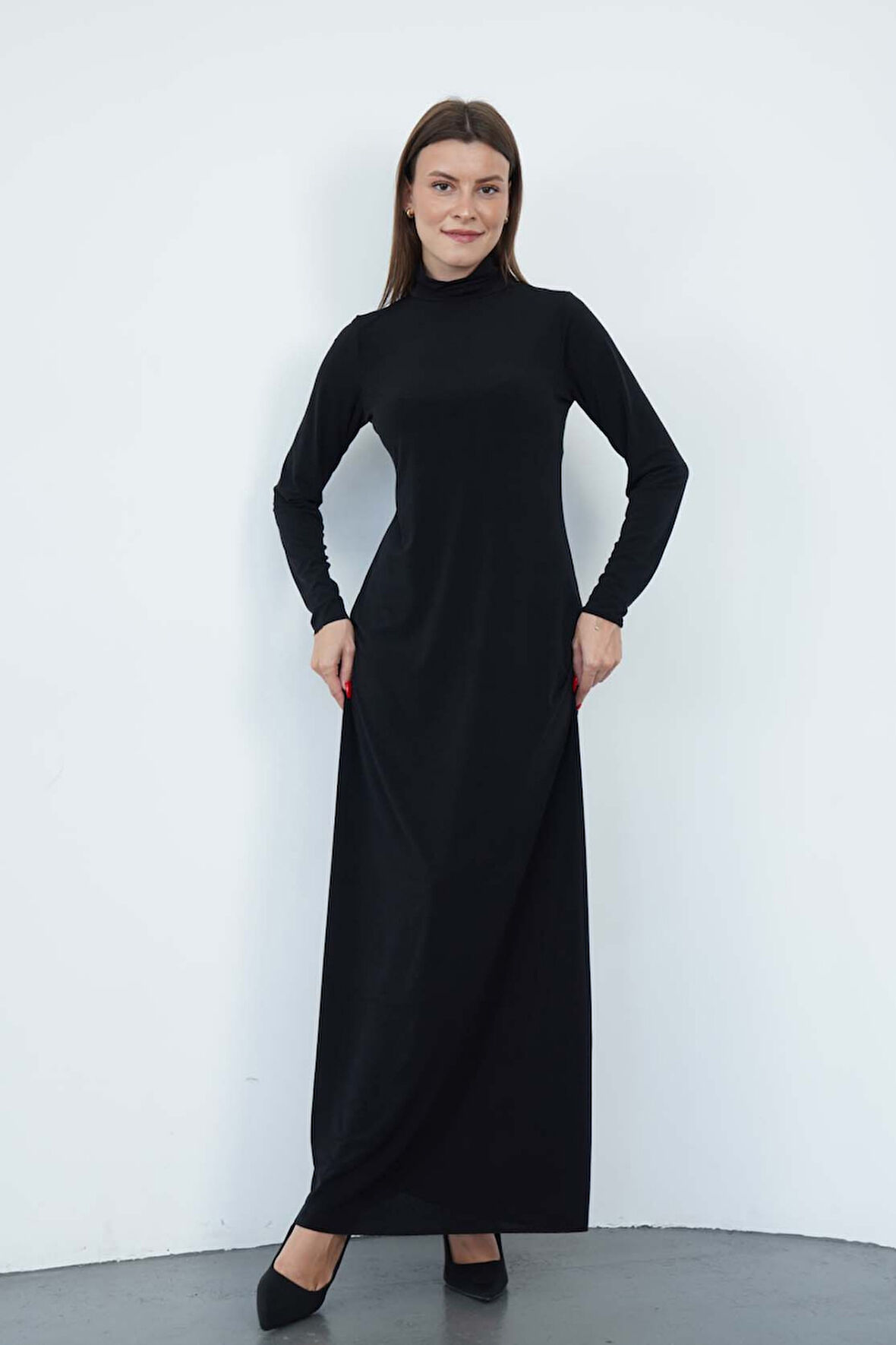 Dora Kadın Maxi Boy Balıkçı Yaka Sandy Elbise-Siyah