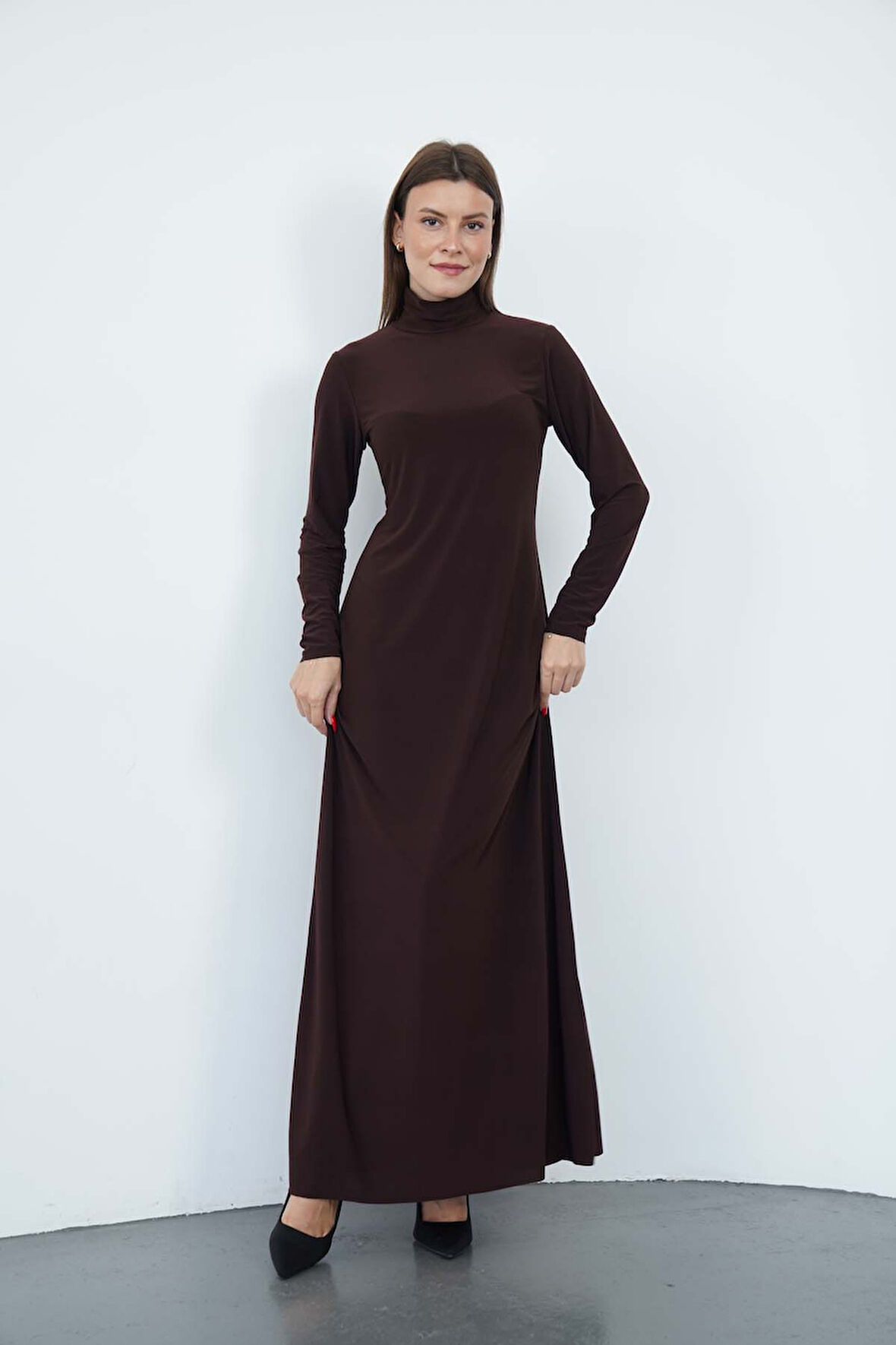 Dora Kadın Maxi Boy Balıkçı Yaka Sandy Elbise-Kahverengi