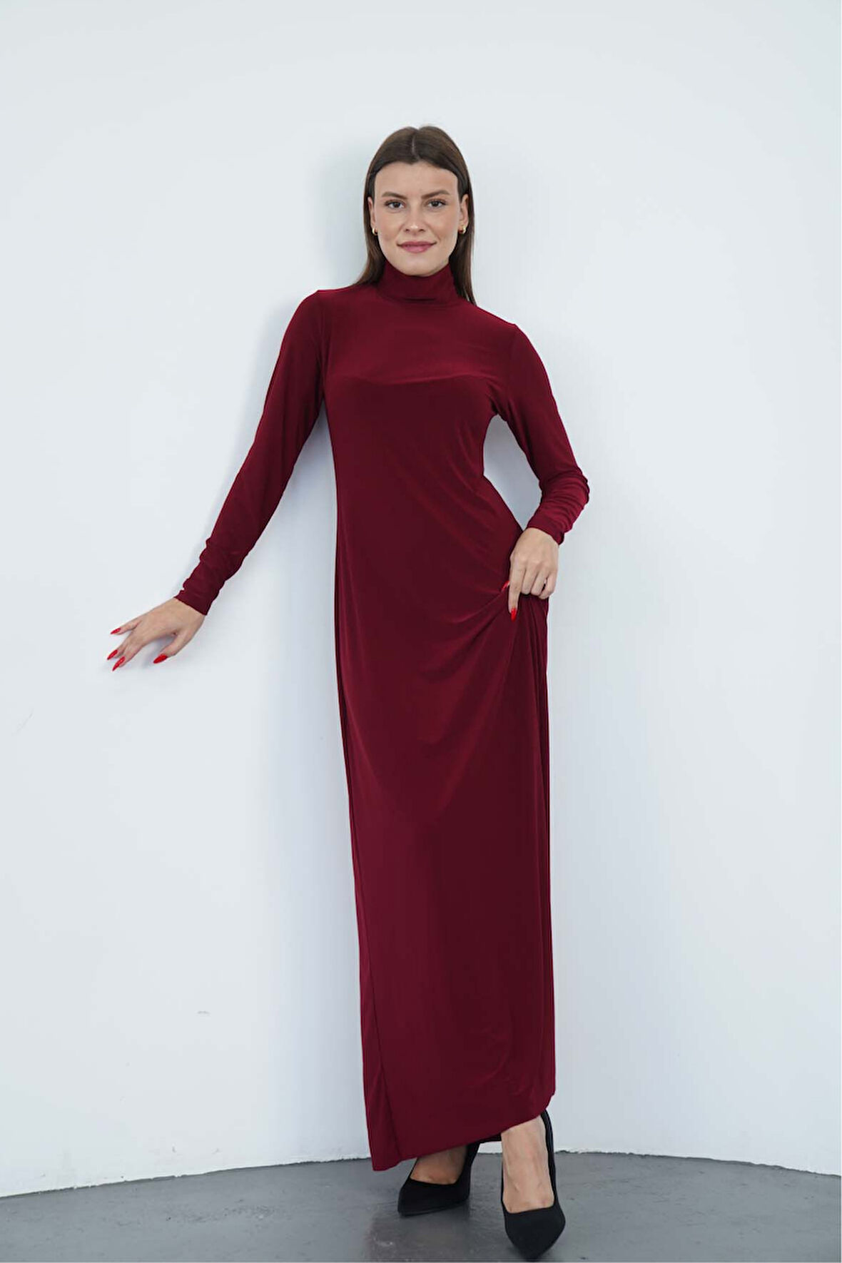 Dora Kadın Maxi Boy Balıkçı Yaka Sandy Elbise-Bordo