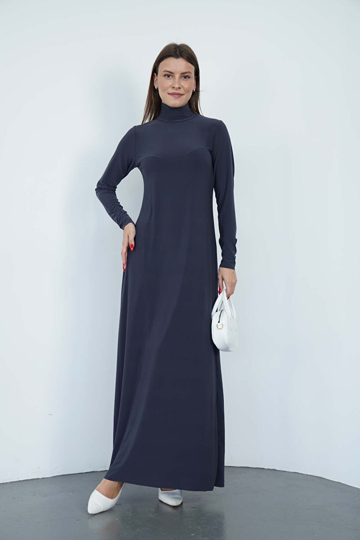 Dora Kadın Maxi Boy Balıkçı Yaka Sandy Elbise-Füme