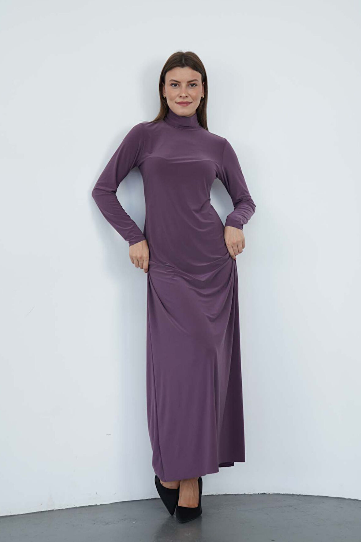 Dora Kadın Maxi Boy Balıkçı Yaka Sandy Elbise-Gül Kurusu