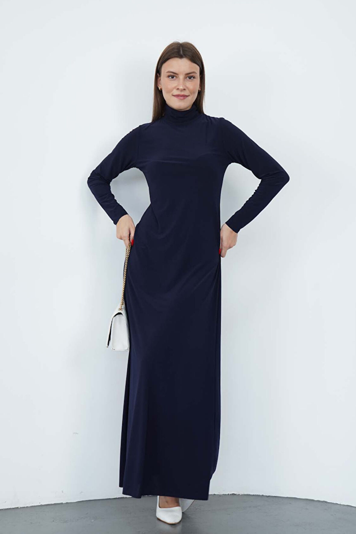 Dora Kadın Maxi Boy Balıkçı Yaka Sandy Elbise-Lacivert