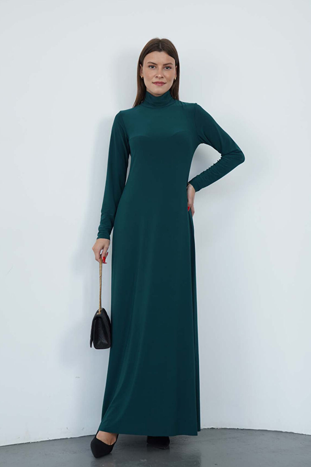 Dora Kadın Maxi Boy Balıkçı Yaka Sandy Elbise-Zümrüt Yeşil