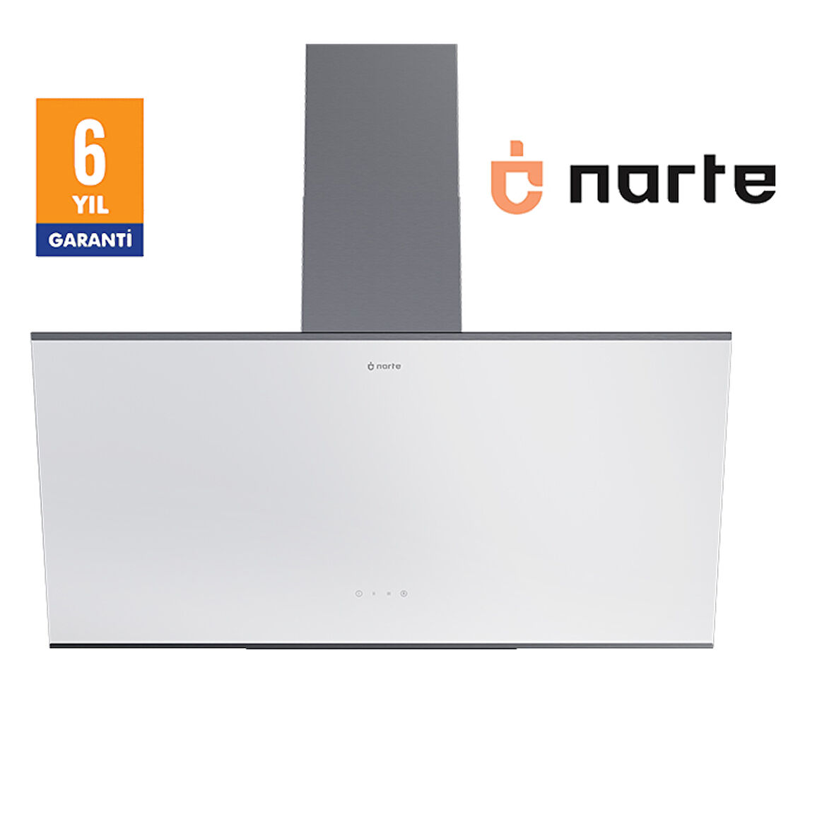 NARTE -H20090W 90 CM Beyaz Cam Inox Çıtalı Eğimli Davlumbaz - 6 YIL GARANTİLİ