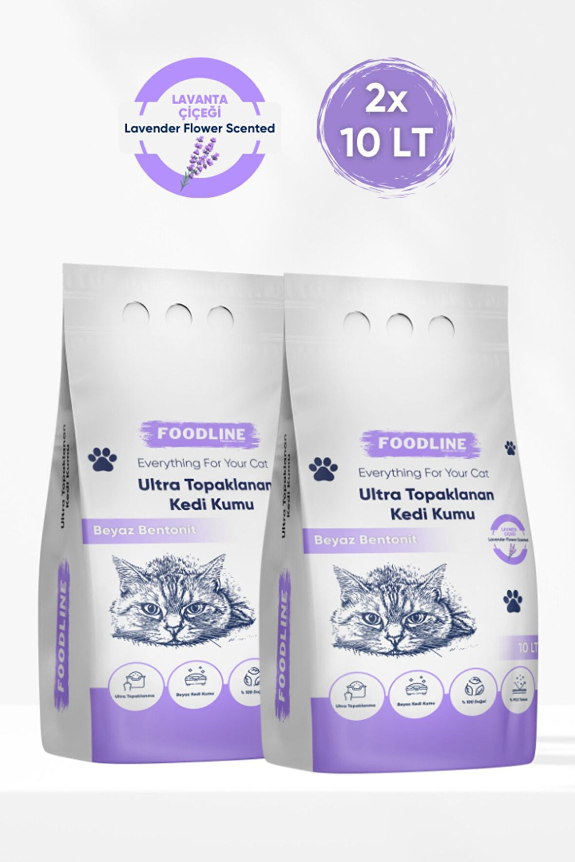 Foodline Lavanta Kokulu İnce Taneli Bentonit Topaklanan Kedi Kumu 10 Lt X 2 Adet