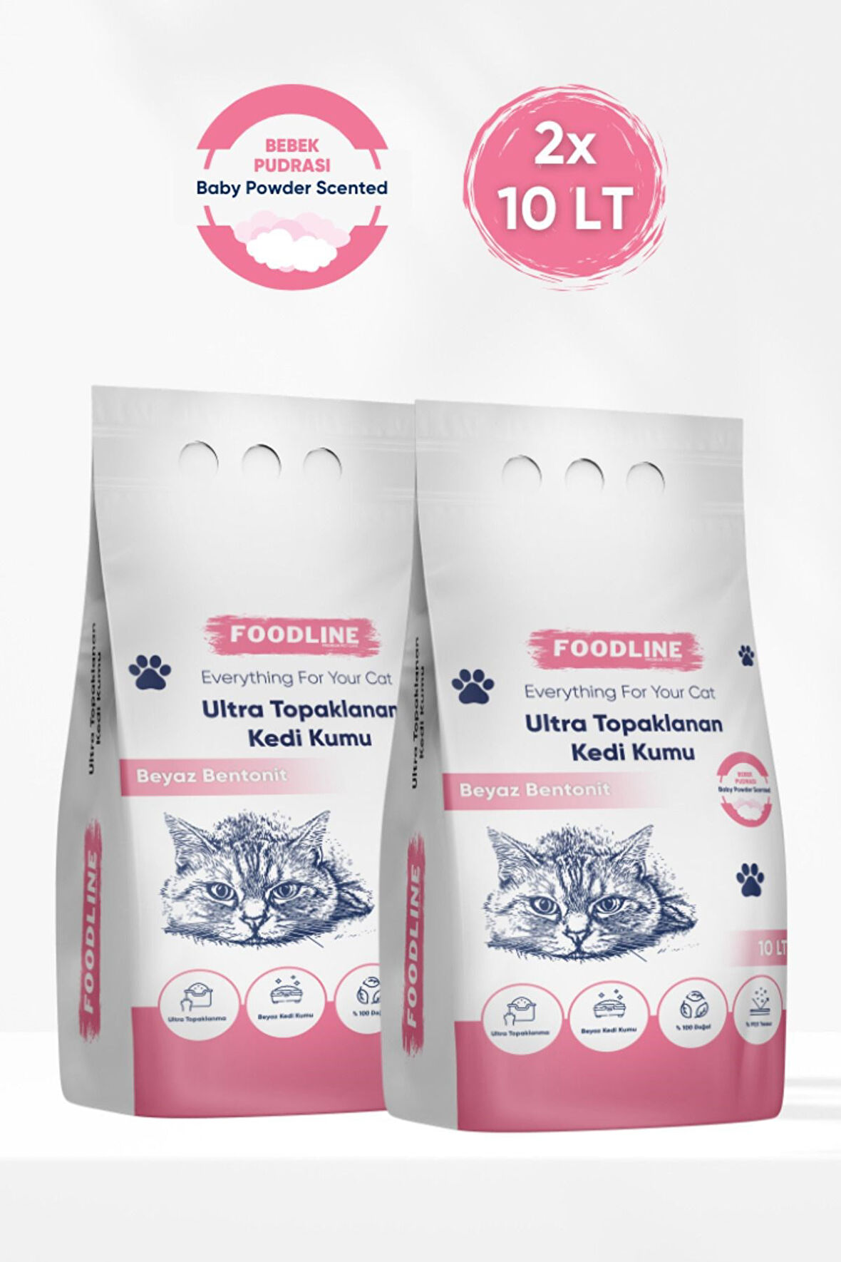 Foodline Bebek Pudrası Kokulu İnce Taneli Bentonit Topaklanan Kedi Kumu 10 Lt X 2 Adet