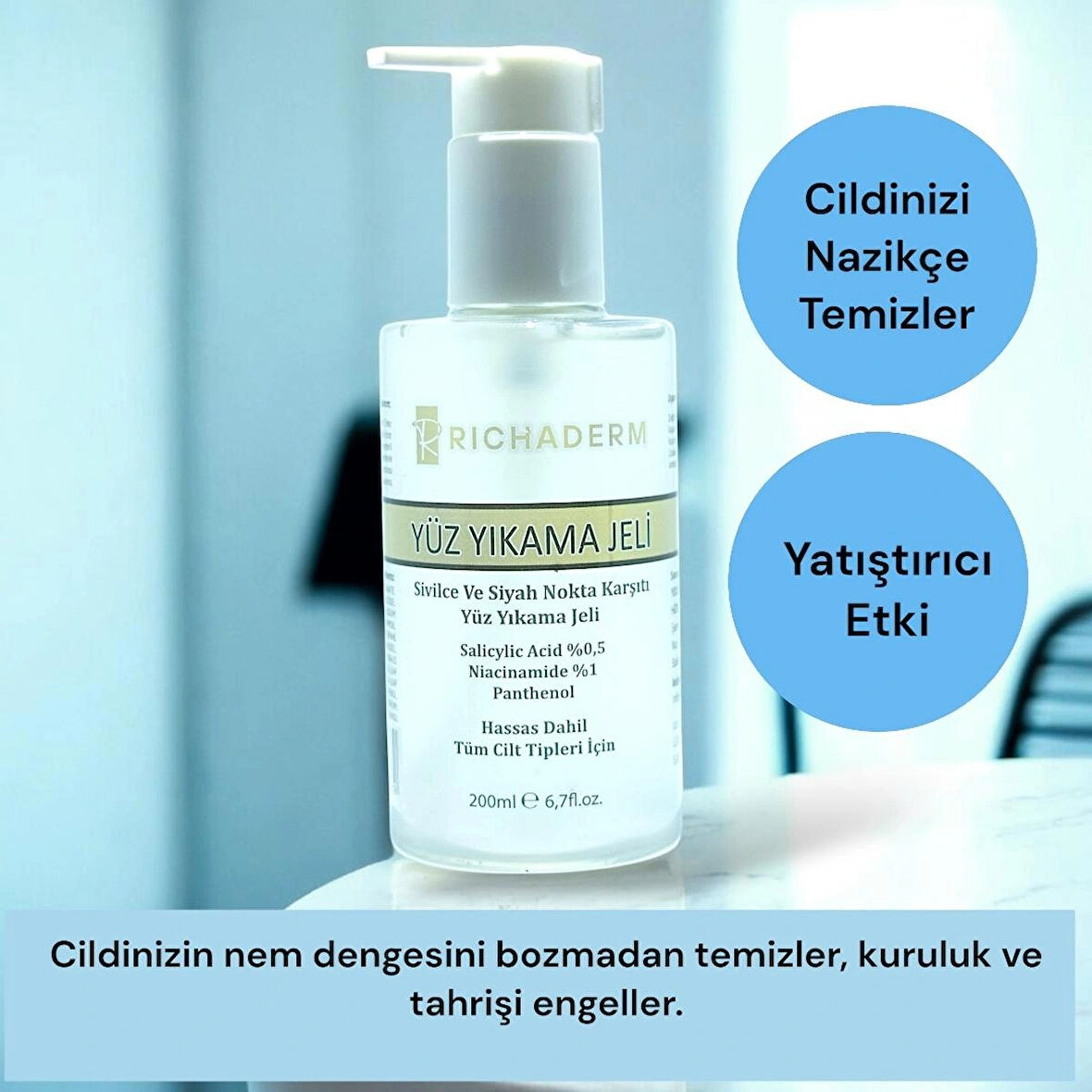  Richaderm Siyah Nokta Karşıtı Yüz Yıkama Jeli - Gözenek Arındırıcı, Yağ Dengeleyici, 200 ml