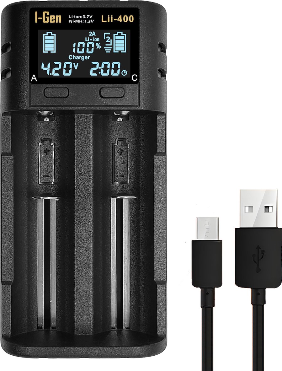 I-Gen LII-400 Akıllı Li-Ion Pil Şarj Cihazı, Type-C Girişli, LCD Ekranlı, 2 Slot Şarj, Li-Ion & Ni-Mh Uyumlu (18650 / 21700 / Aa / Aaa)